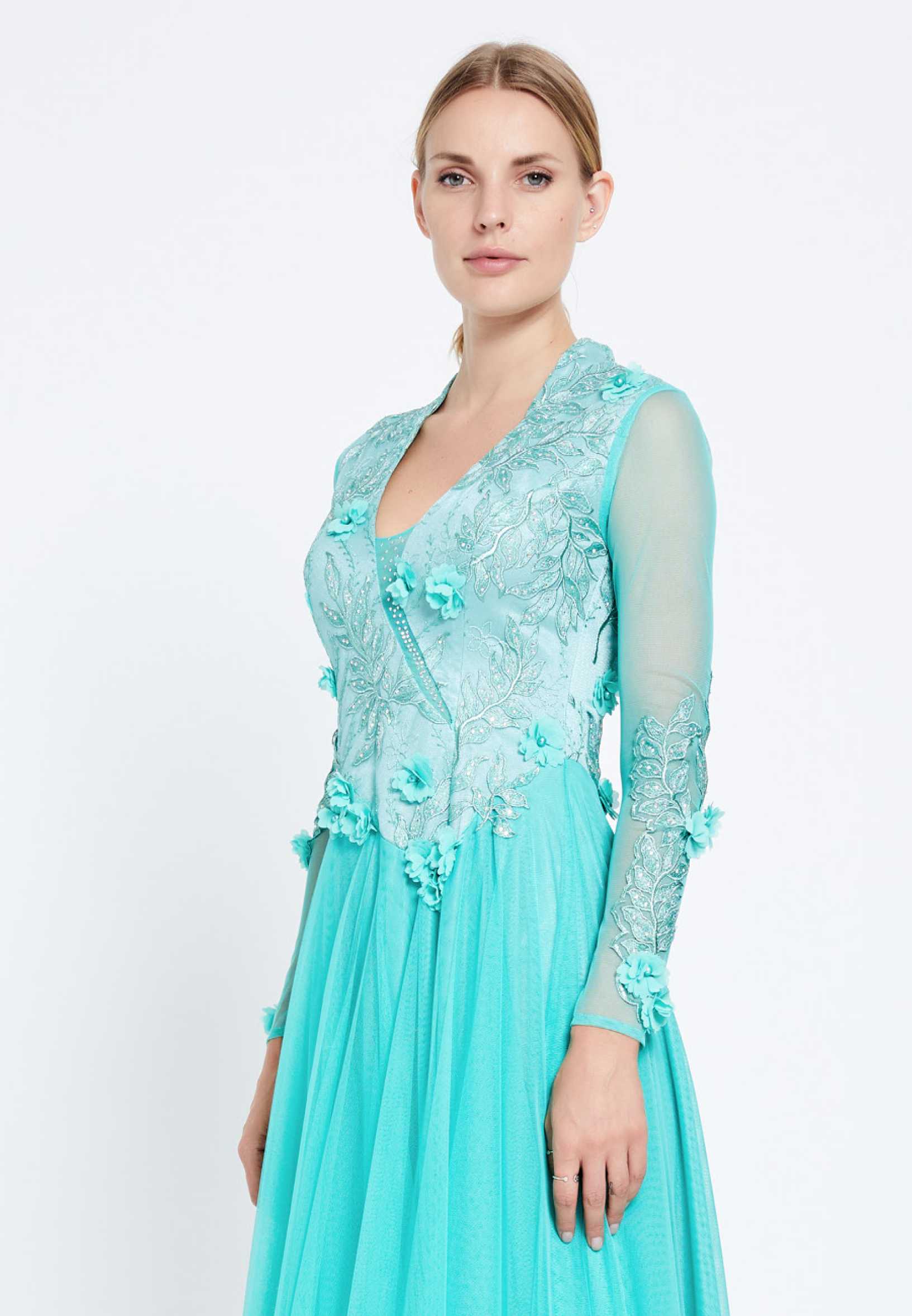 Long Sleeve Maxi Tulle A - Line Regular Prom Dress rmn2406 - Image 4