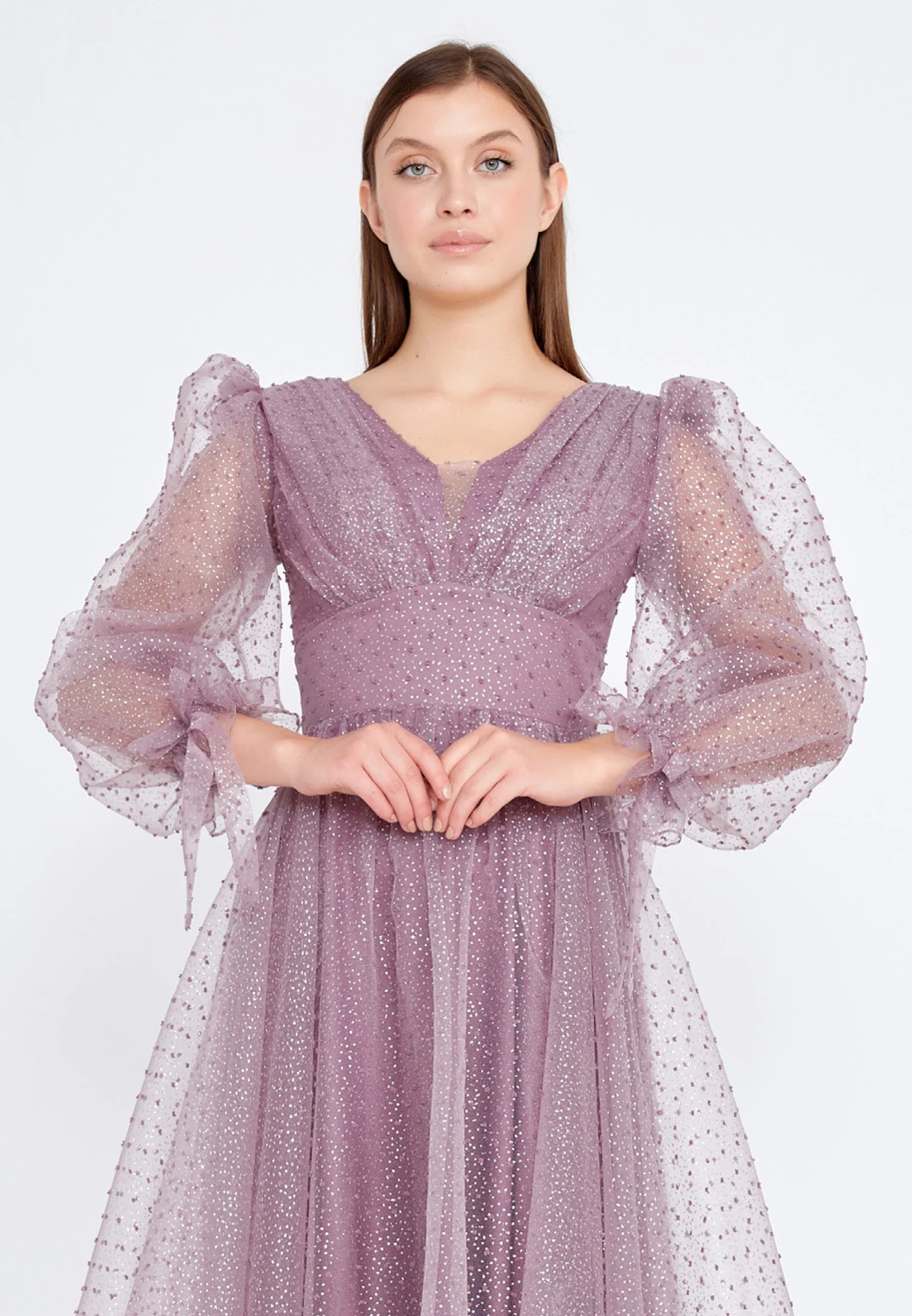 Long Sleeve Maxi Tulle A - Line Regular Prom Dress rmn3083s - Image 16