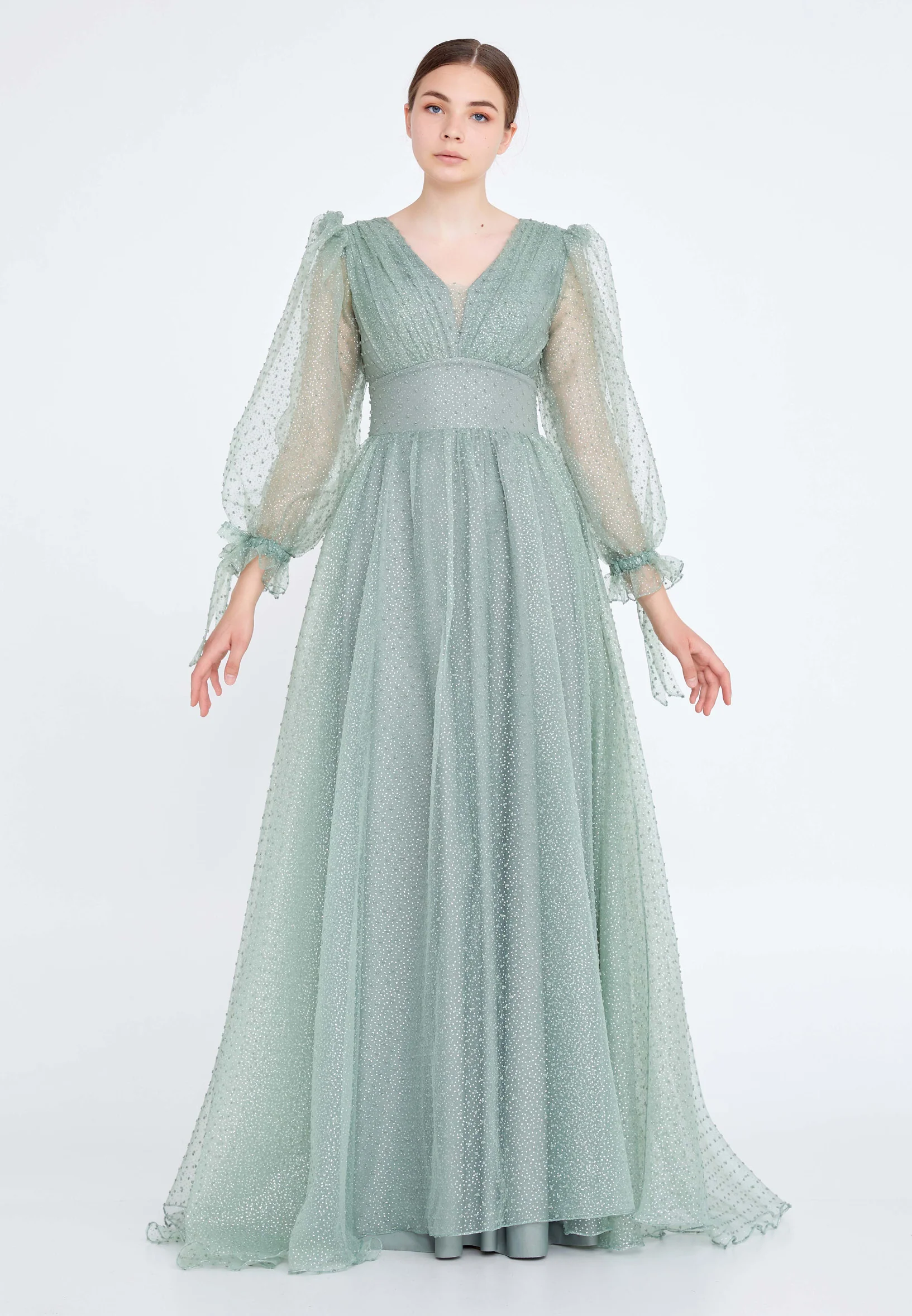 Long Sleeve Maxi Tulle A - Line Regular Prom Dress rmn3083s - Image 17