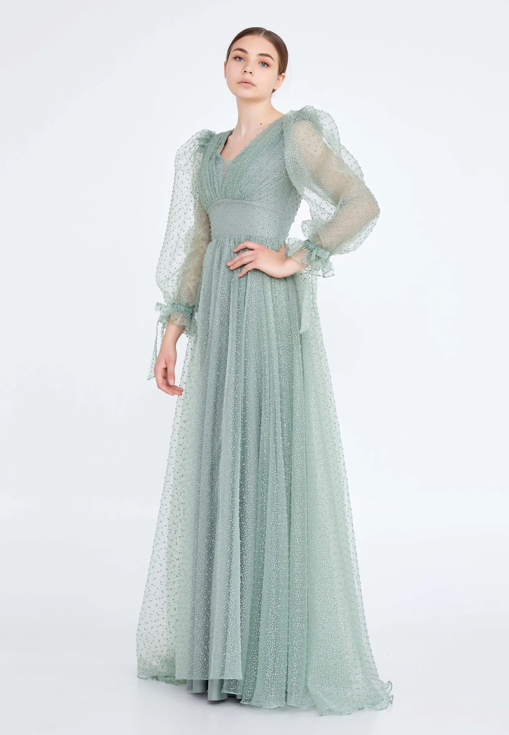 Long Sleeve Maxi Tulle A - Line Regular Prom Dress rmn3083s - Image 19