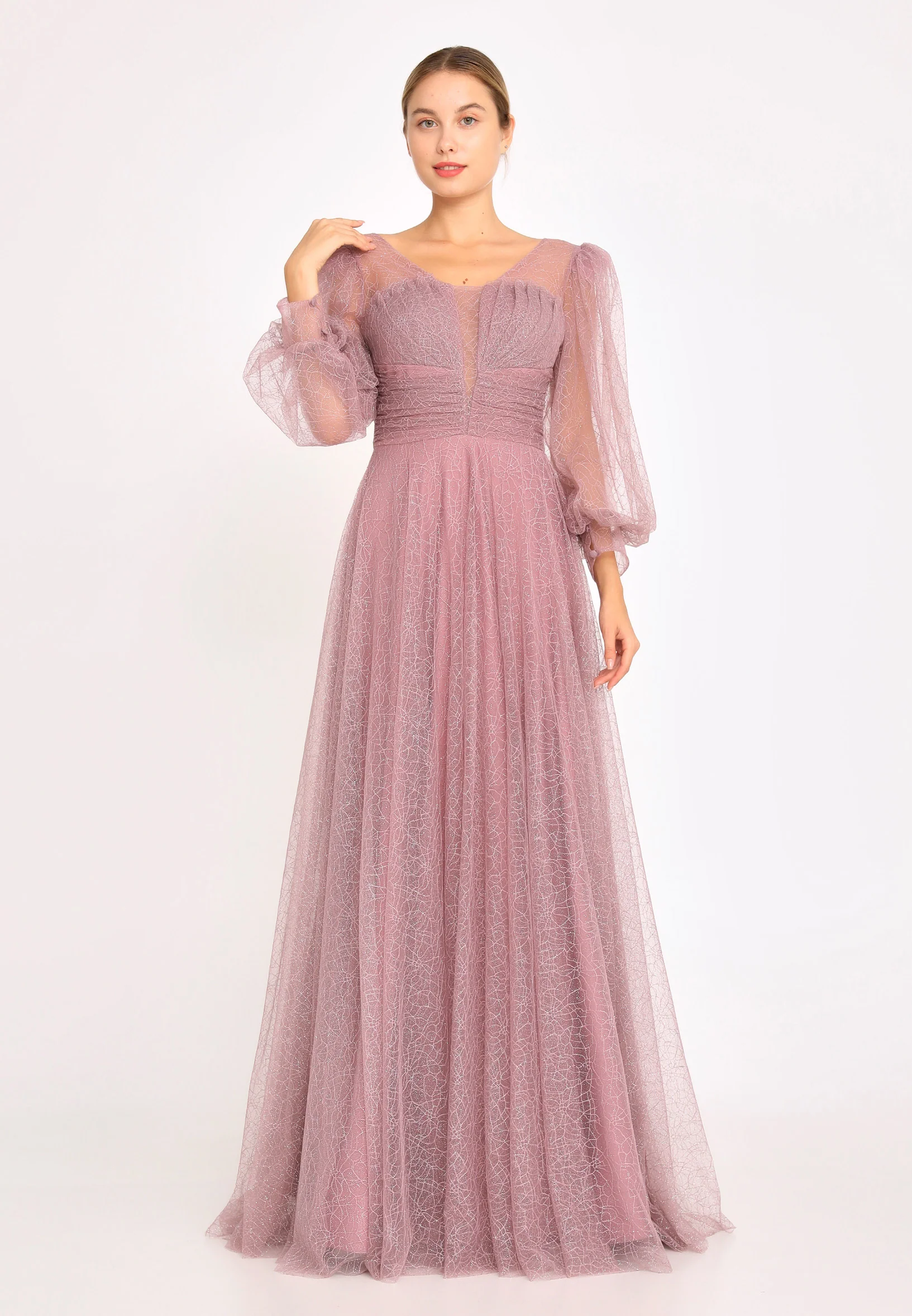 Long Sleeve Maxi Tulle A - Line Regular Prom Dress rmn3100 - Image 5