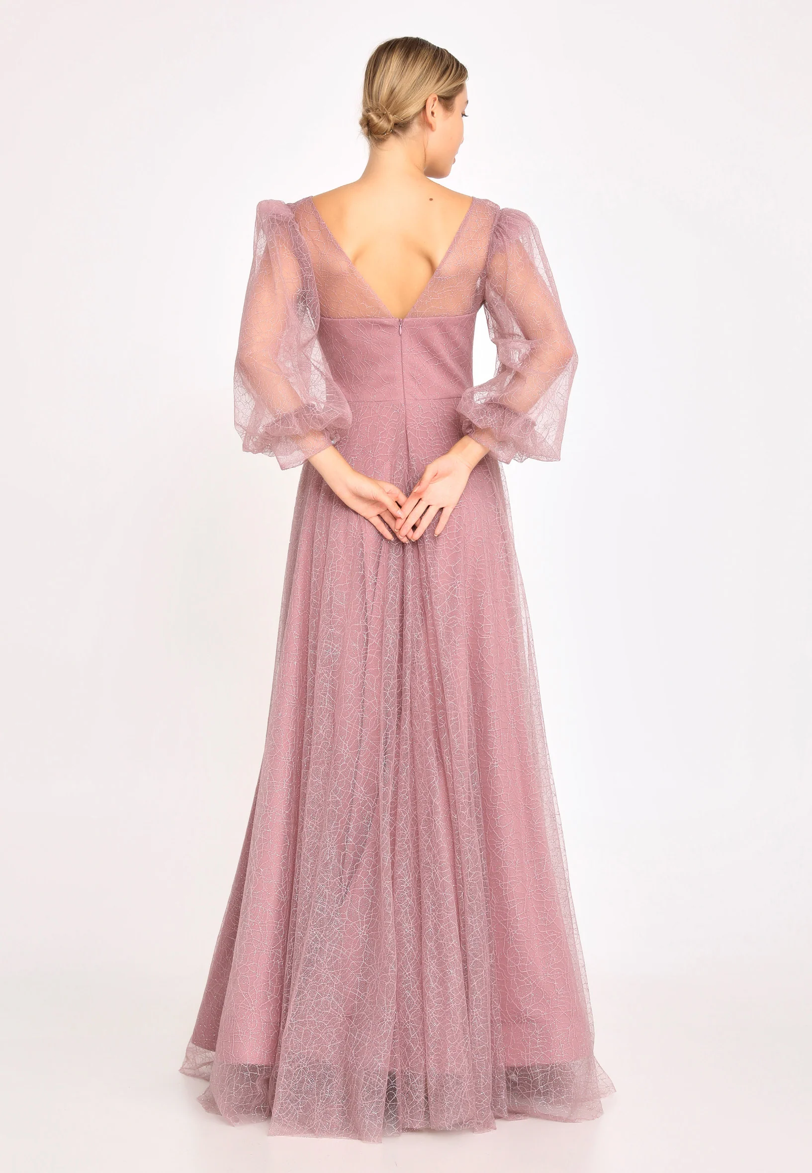 Long Sleeve Maxi Tulle A - Line Regular Prom Dress rmn3100 - Image 6