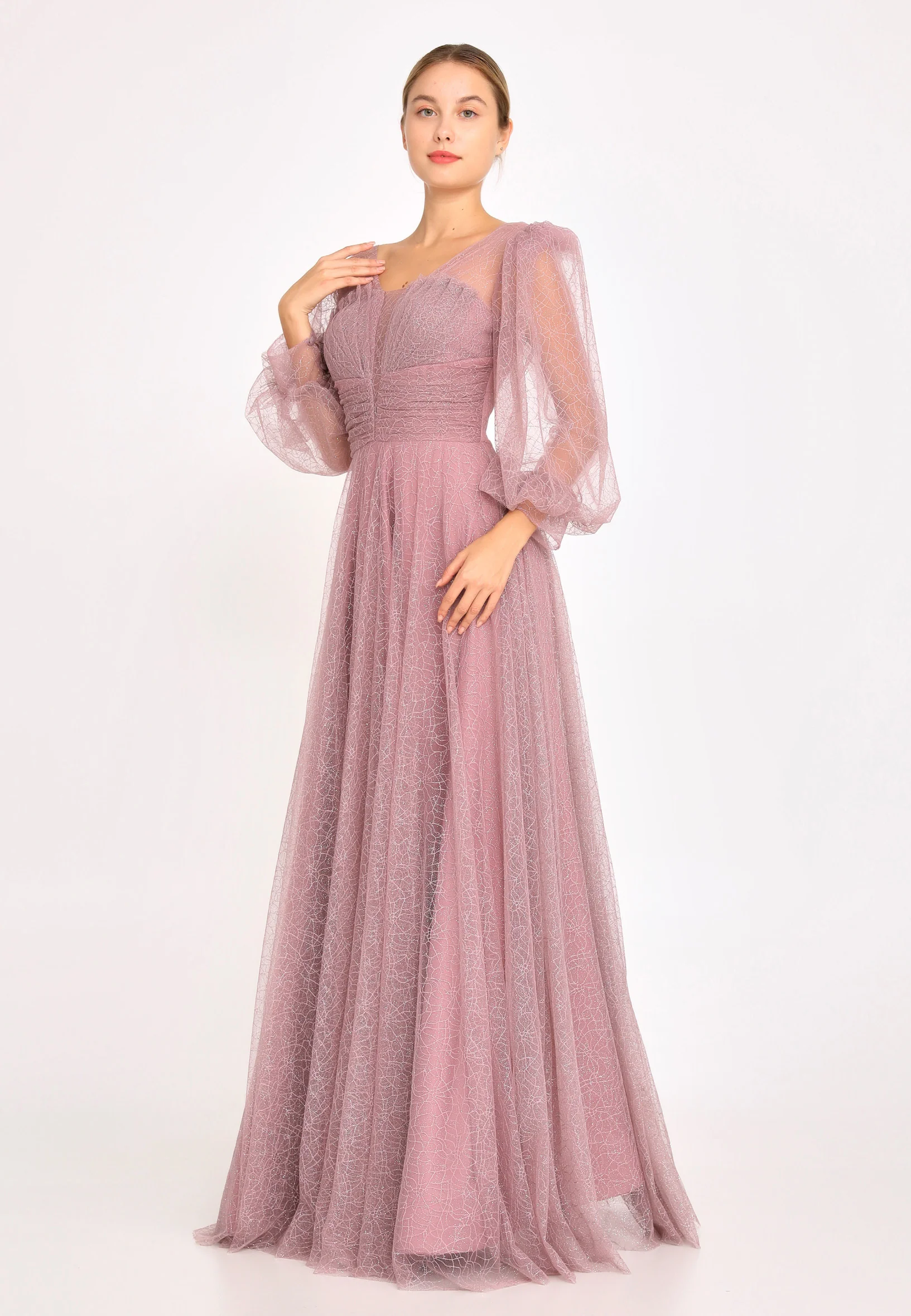 Long Sleeve Maxi Tulle A - Line Regular Prom Dress rmn3100 - Image 7