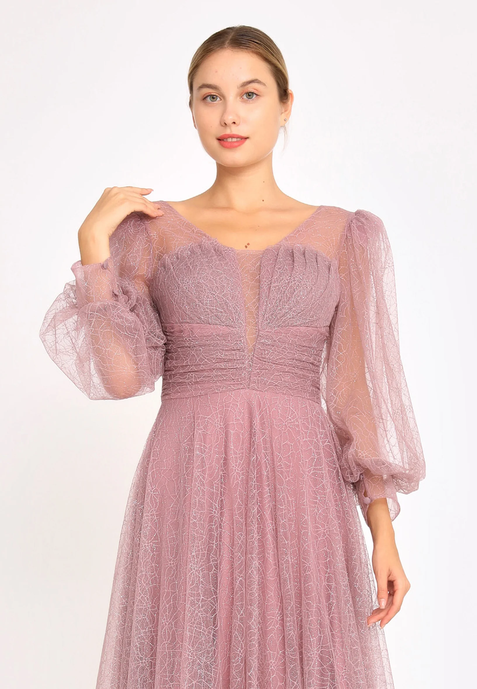 Long Sleeve Maxi Tulle A - Line Regular Prom Dress rmn3100 - Image 8