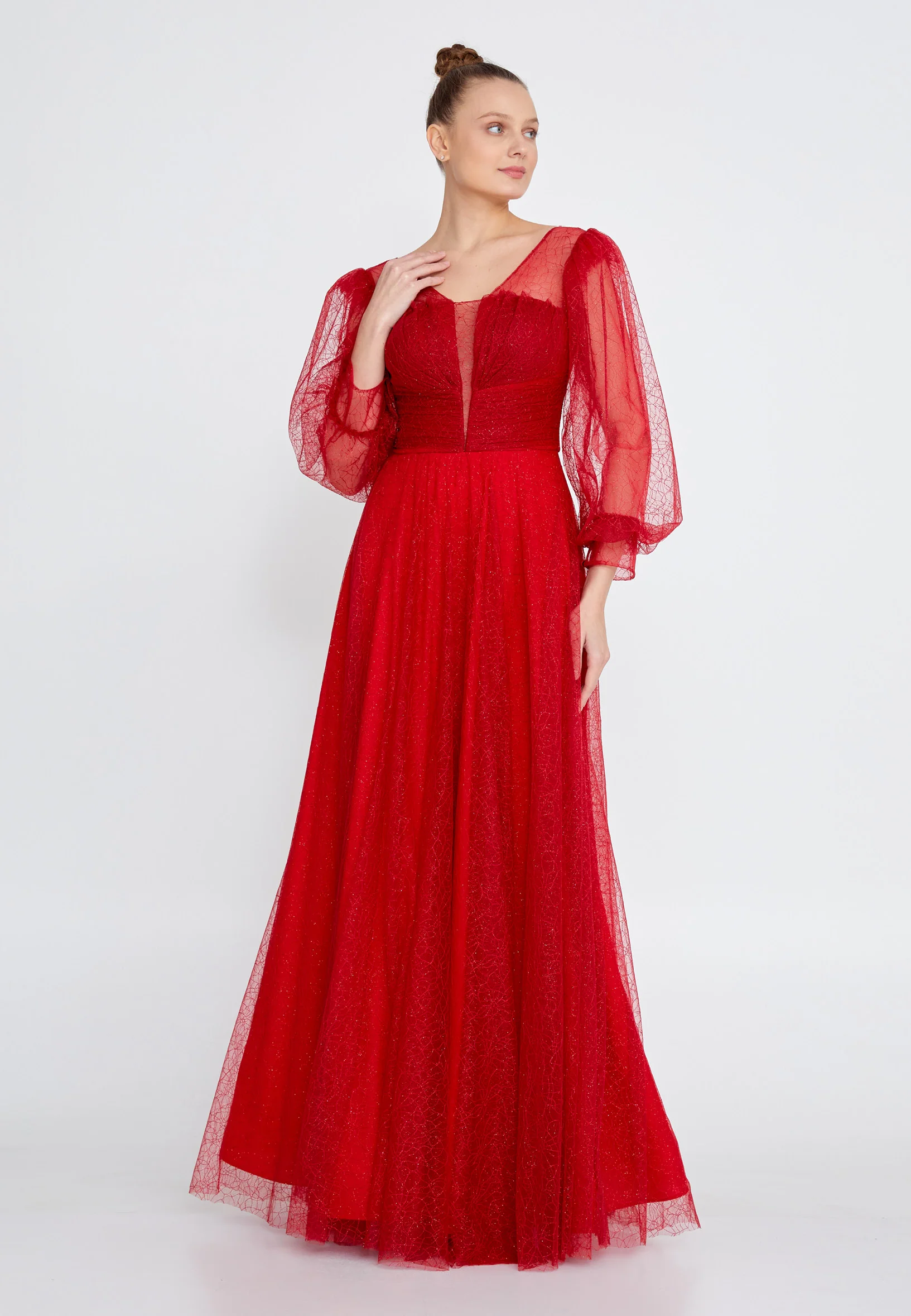 Long Sleeve Maxi Tulle A - Line Regular Prom Dress rmn3100 - Image 9