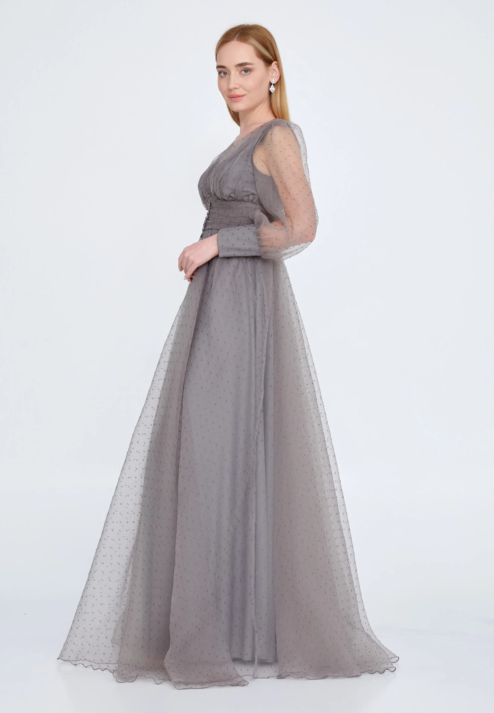 Long Sleeve Maxi Tulle A - Line Regular Prom Dress srn9008 - Image 11