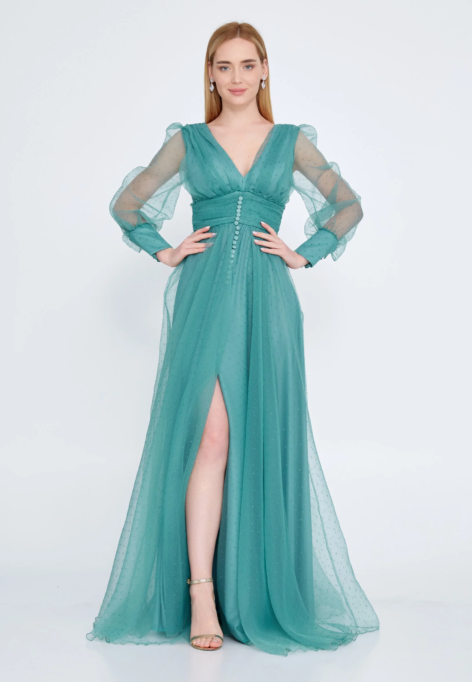 Long Sleeve Maxi Tulle A - Line Regular Prom Dress srn9008 - Image 13