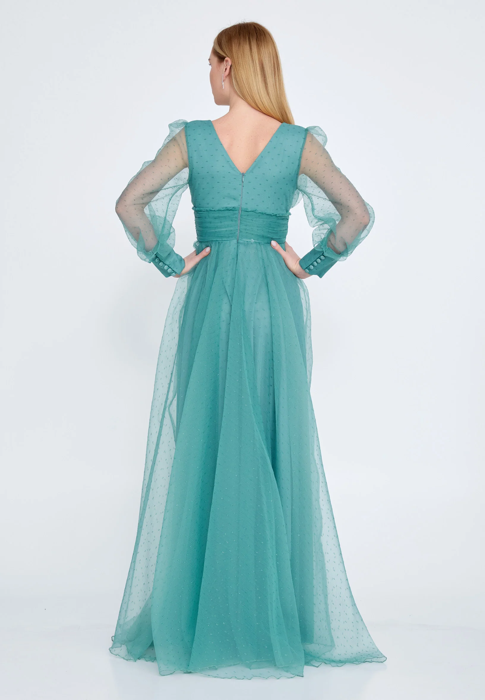 Long Sleeve Maxi Tulle A - Line Regular Prom Dress srn9008 - Image 14