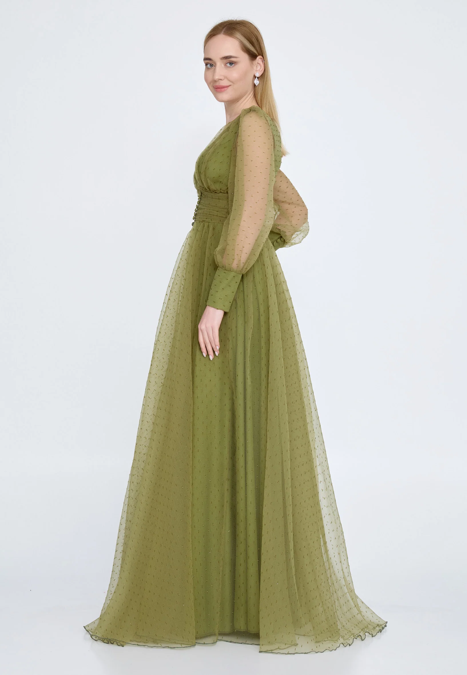 Long Sleeve Maxi Tulle A - Line Regular Prom Dress srn9008 - Image 3