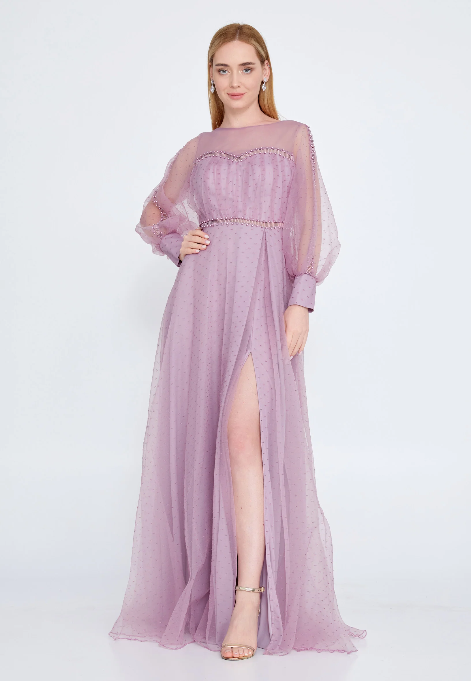 Long Sleeve Maxi Tulle A - Line Regular Prom Dress srn9010 - Image 13