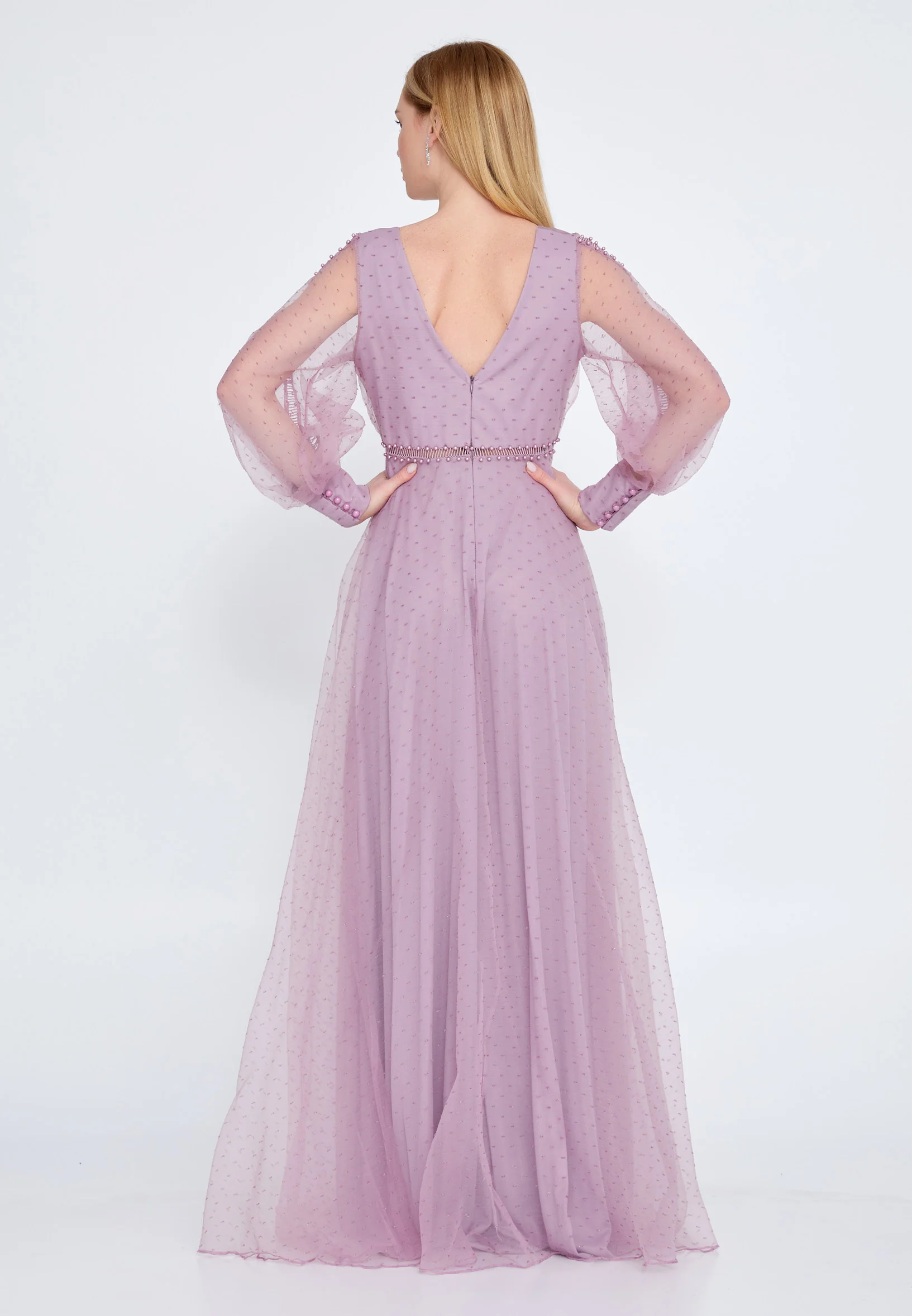 Long Sleeve Maxi Tulle A - Line Regular Prom Dress srn9010 - Image 14