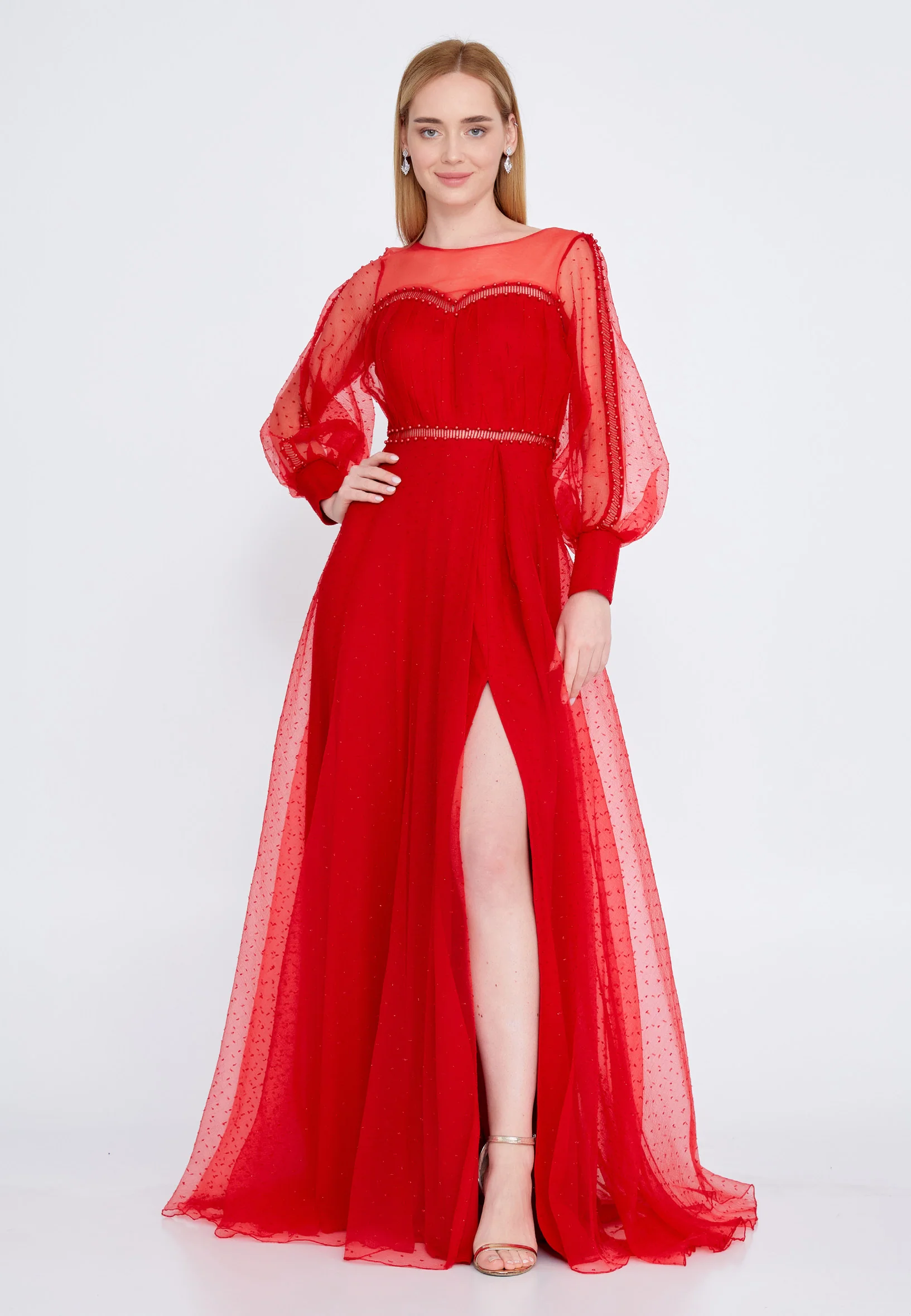 Long Sleeve Maxi Tulle A - Line Regular Prom Dress srn9010 - Image 21