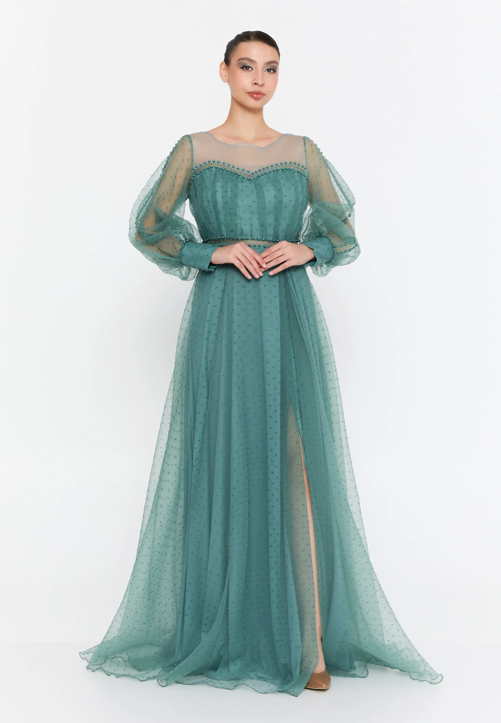Long Sleeve Maxi Tulle A - Line Regular Prom Dress srn9010 - Image 5
