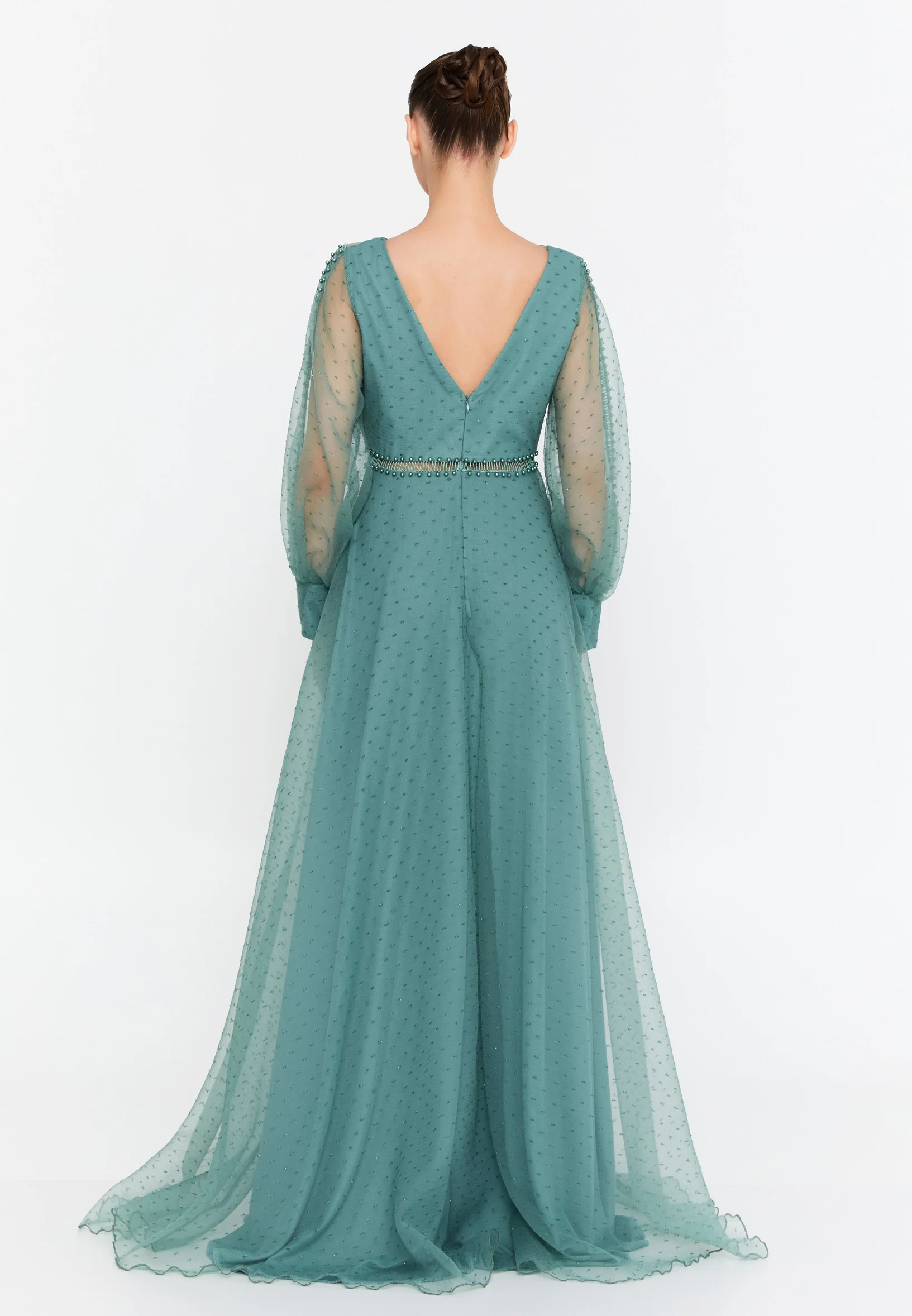 Long Sleeve Maxi Tulle A - Line Regular Prom Dress srn9010 - Image 6