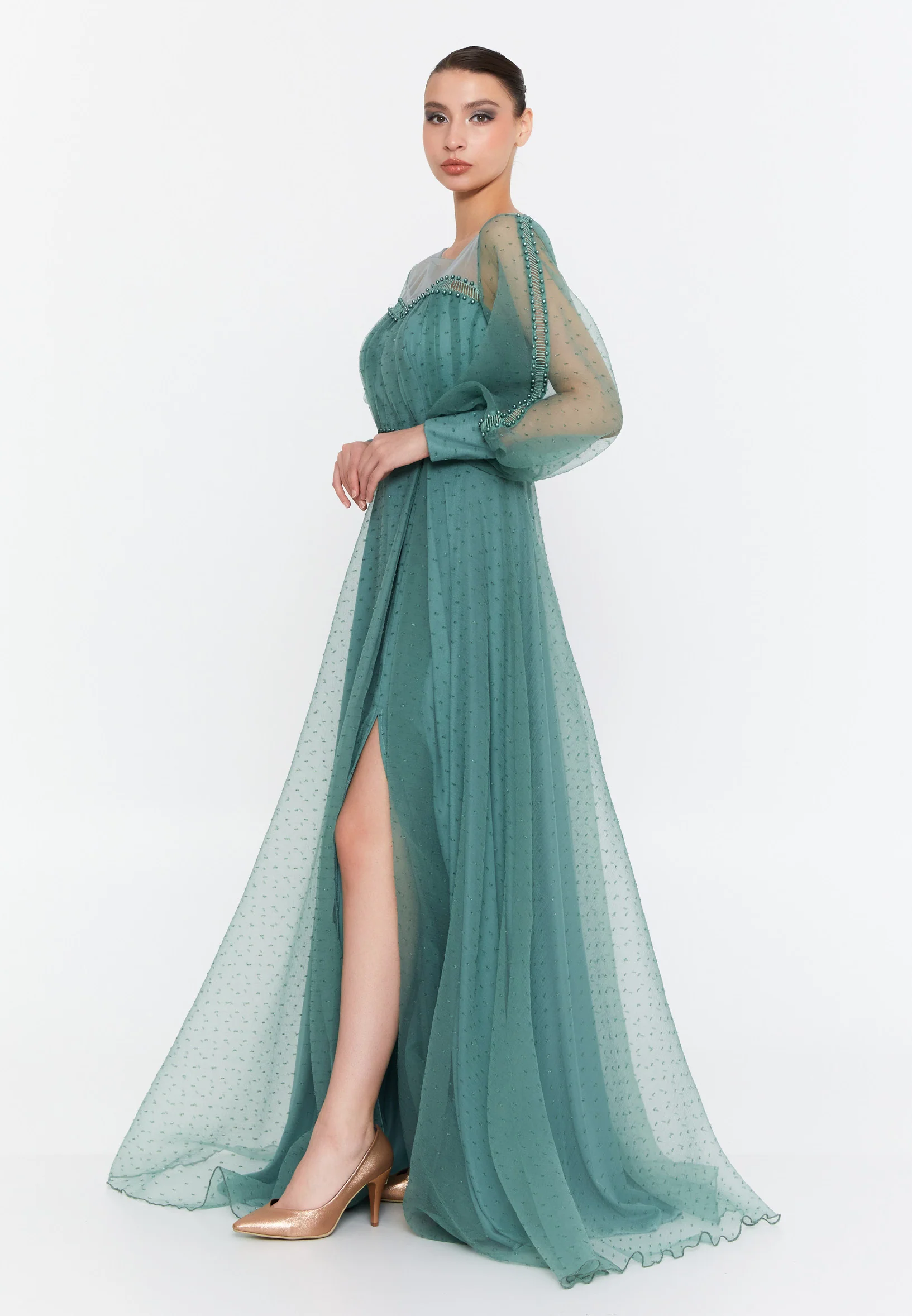 Long Sleeve Maxi Tulle A - Line Regular Prom Dress srn9010 - Image 7