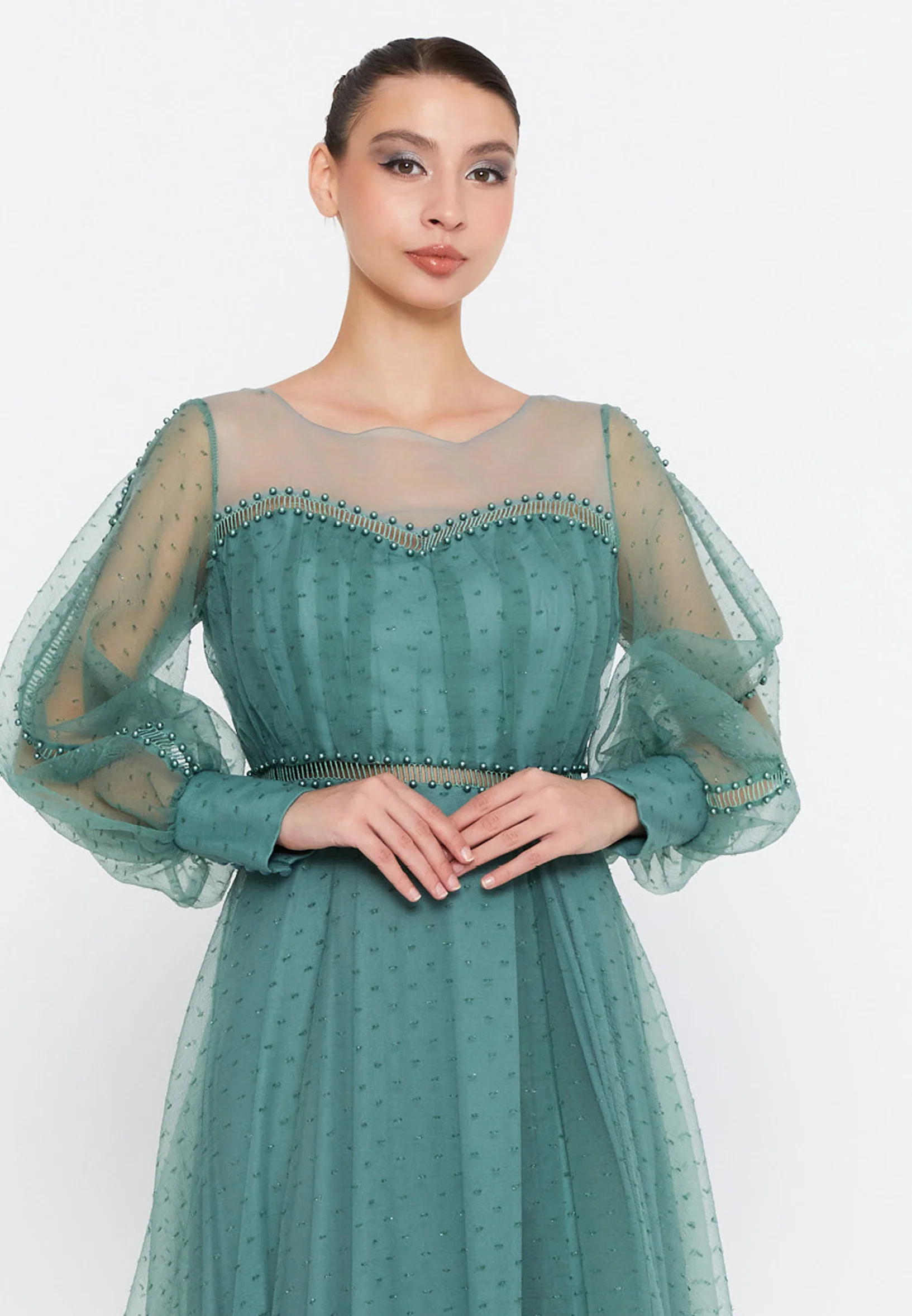 Long Sleeve Maxi Tulle A - Line Regular Prom Dress srn9010 - Image 8