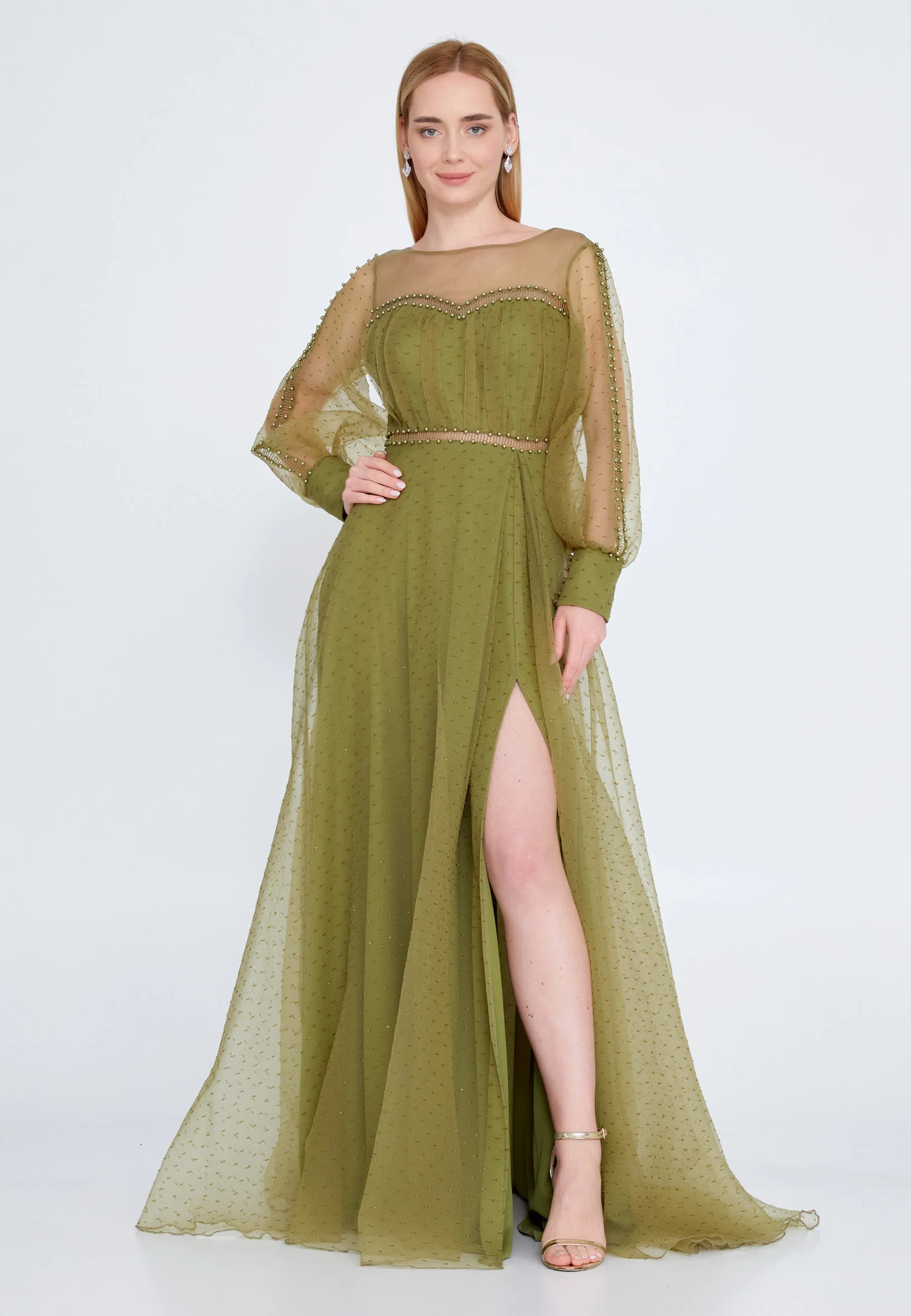 Long Sleeve Maxi Tulle A - Line Regular Prom Dress srn9010 - Image 9