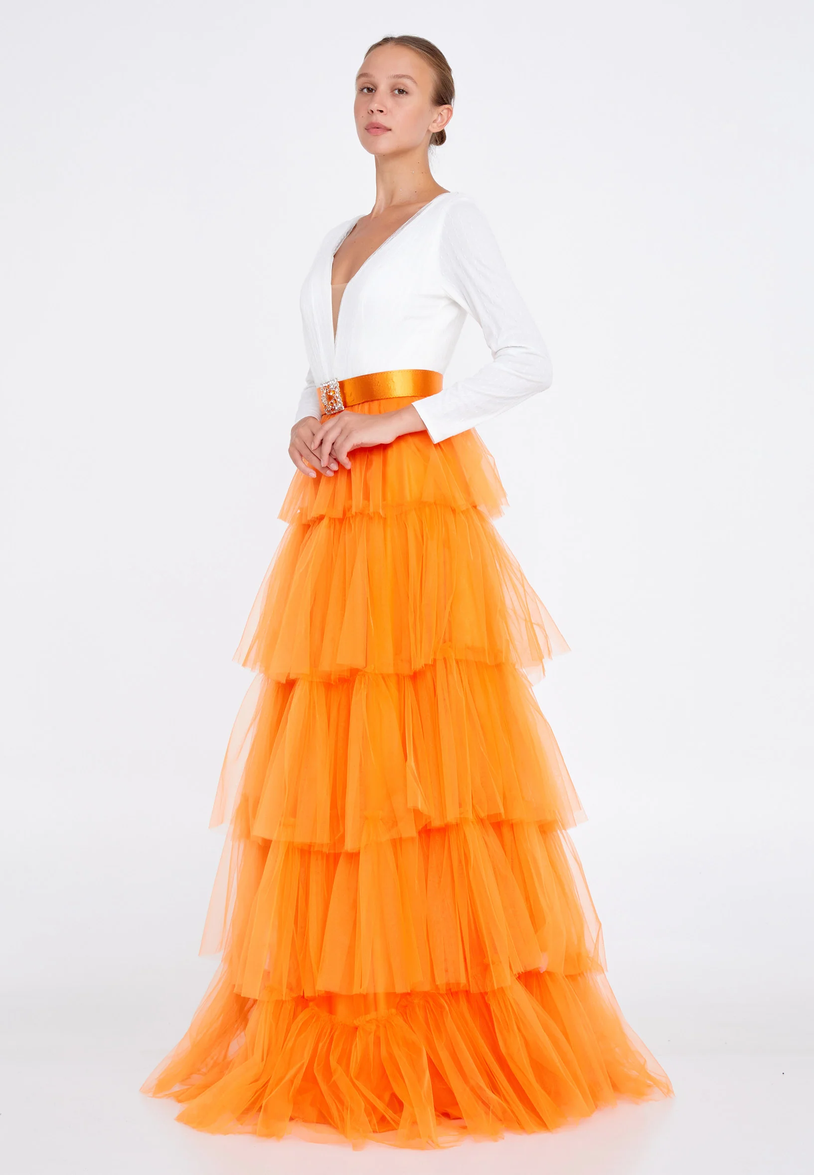 Long Sleeve Maxi Tulle A - Line Regular Prom Dress stn5047 - Image 11