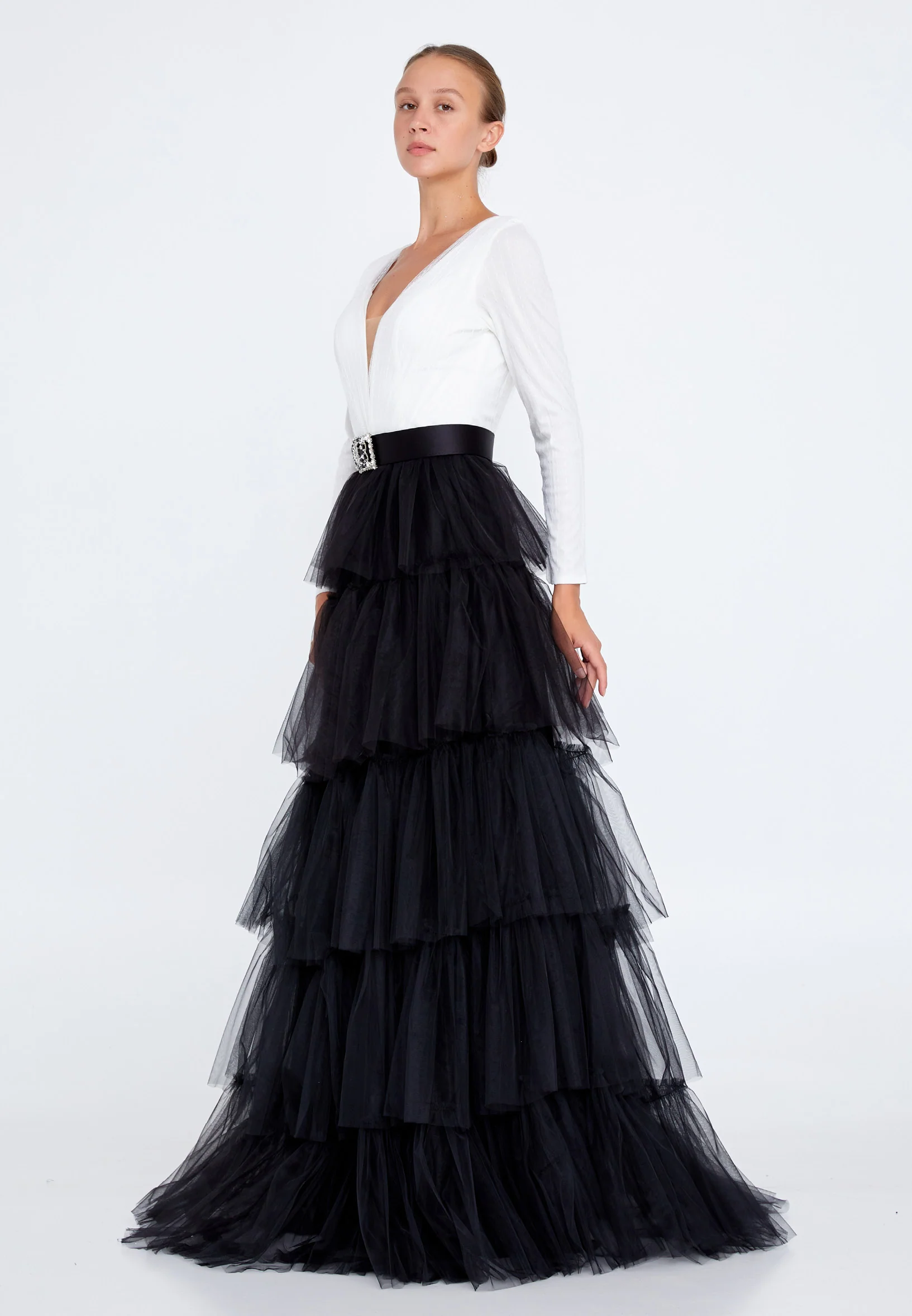 Long Sleeve Maxi Tulle A - Line Regular Prom Dress stn5047 - Image 3