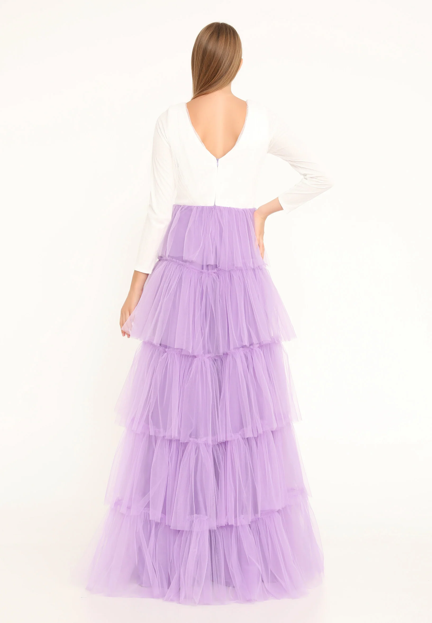 Long Sleeve Maxi Tulle A - Line Regular Prom Dress stn5047 - Image 6