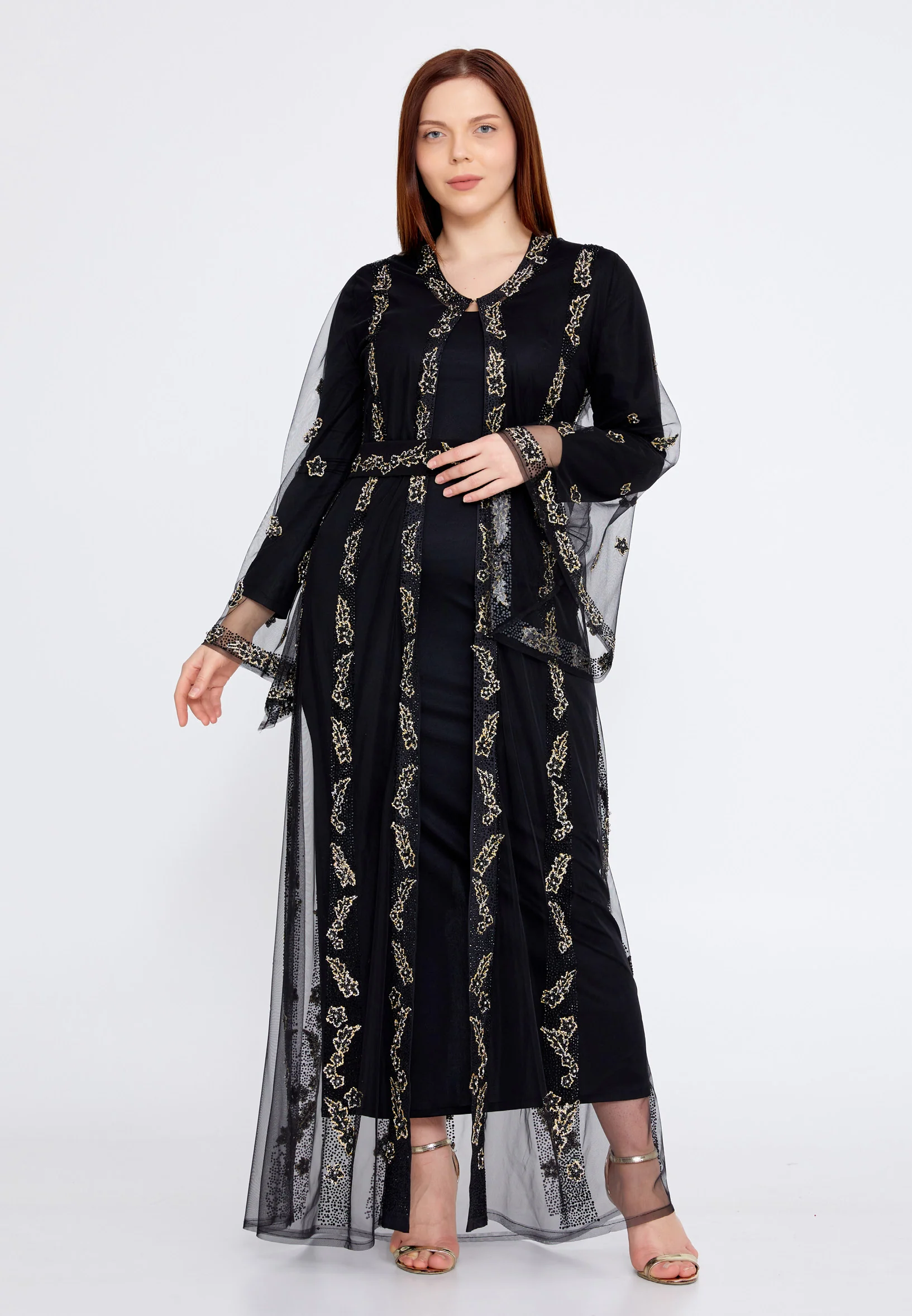Long Sleeve Maxi Tulle Column Plus Size Wedding Guest Dress crm0891-b