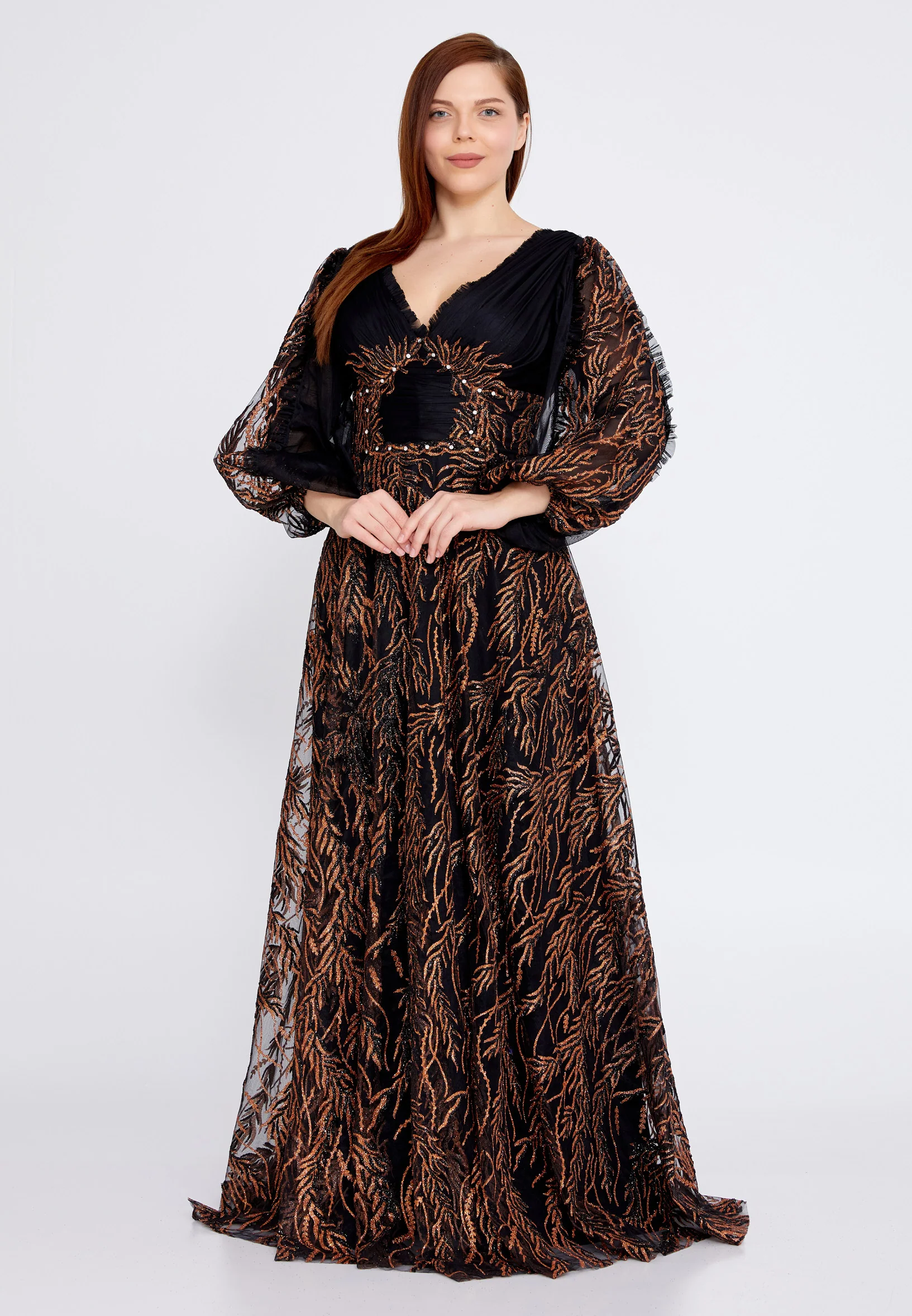 Long Sleeve Maxi Tulle Column Plus Size Wedding Guest Dress rmn3149-b
