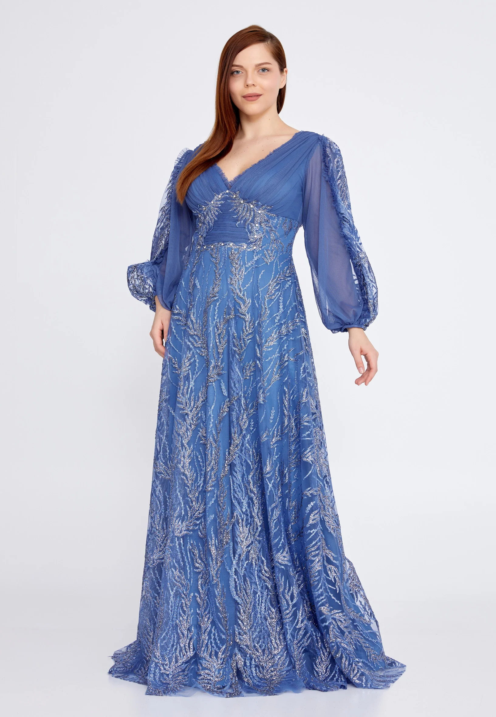 Long Sleeve Maxi Tulle Column Plus Size Wedding Guest Dress rmn3149-b - Image 13