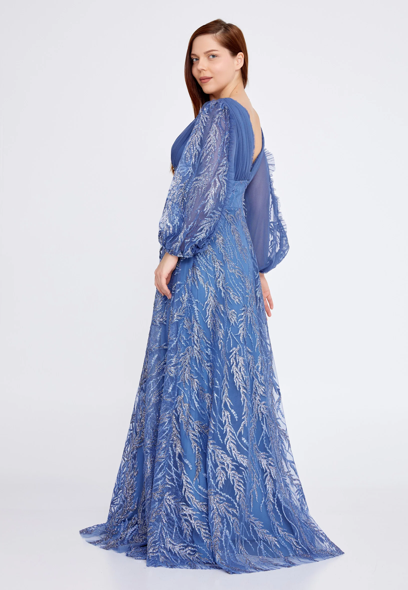 Long Sleeve Maxi Tulle Column Plus Size Wedding Guest Dress rmn3149-b - Image 15