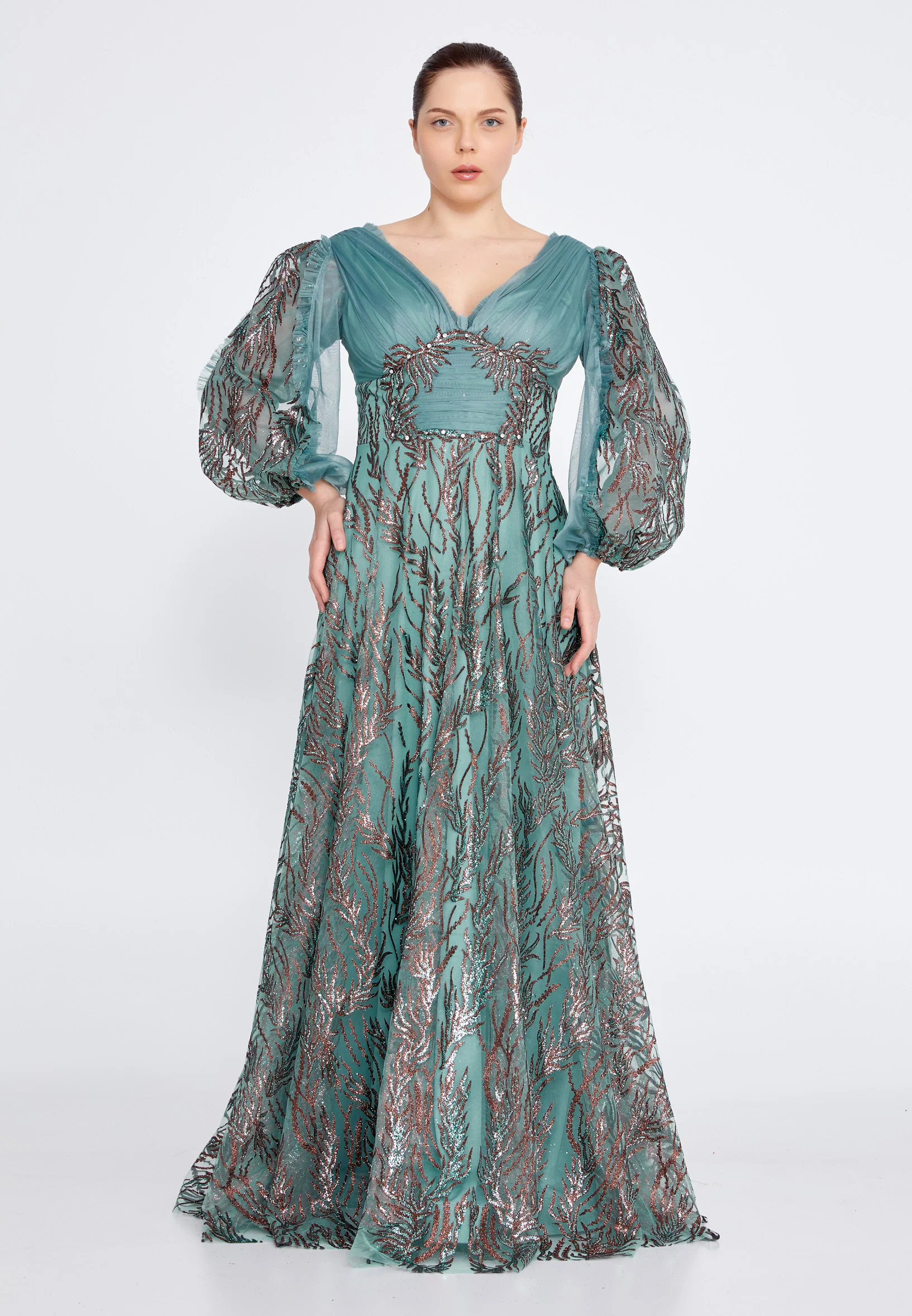 Long Sleeve Maxi Tulle Column Plus Size Wedding Guest Dress rmn3149-b - Image 17