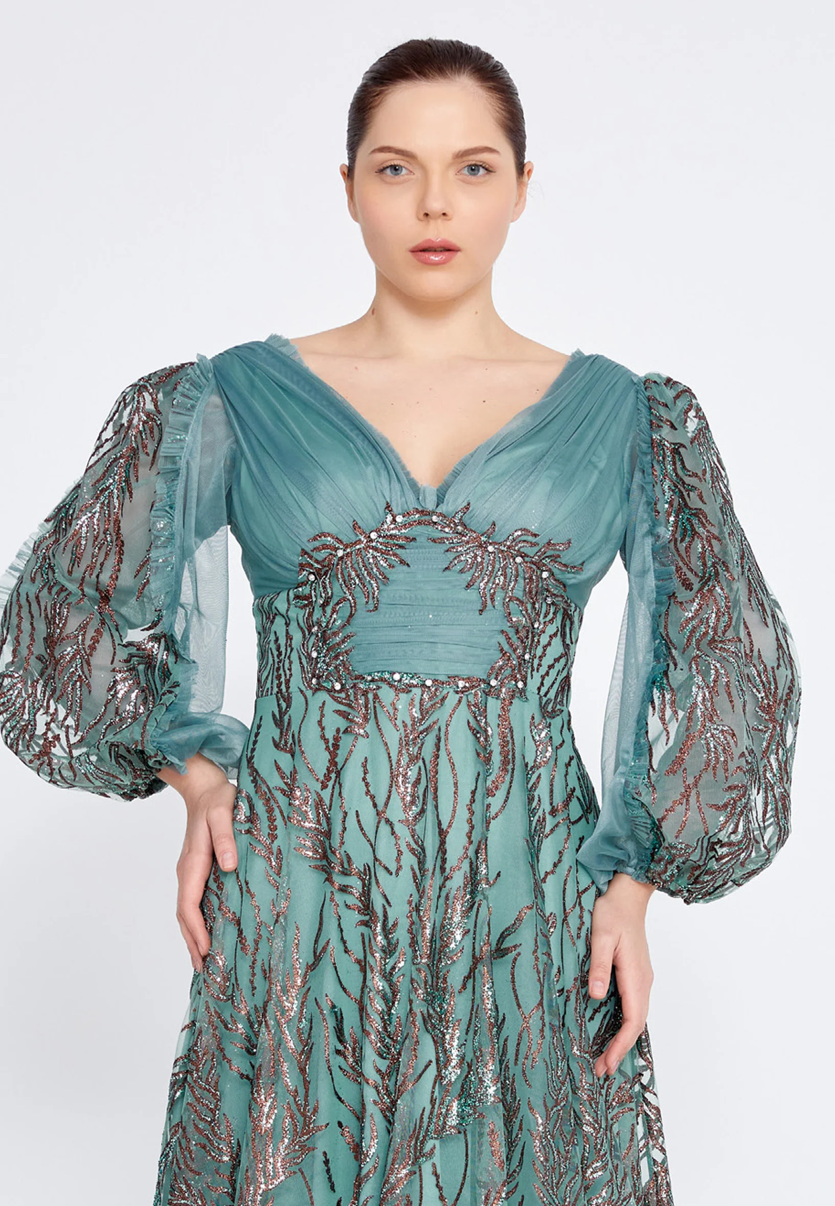 Long Sleeve Maxi Tulle Column Plus Size Wedding Guest Dress rmn3149-b - Image 20