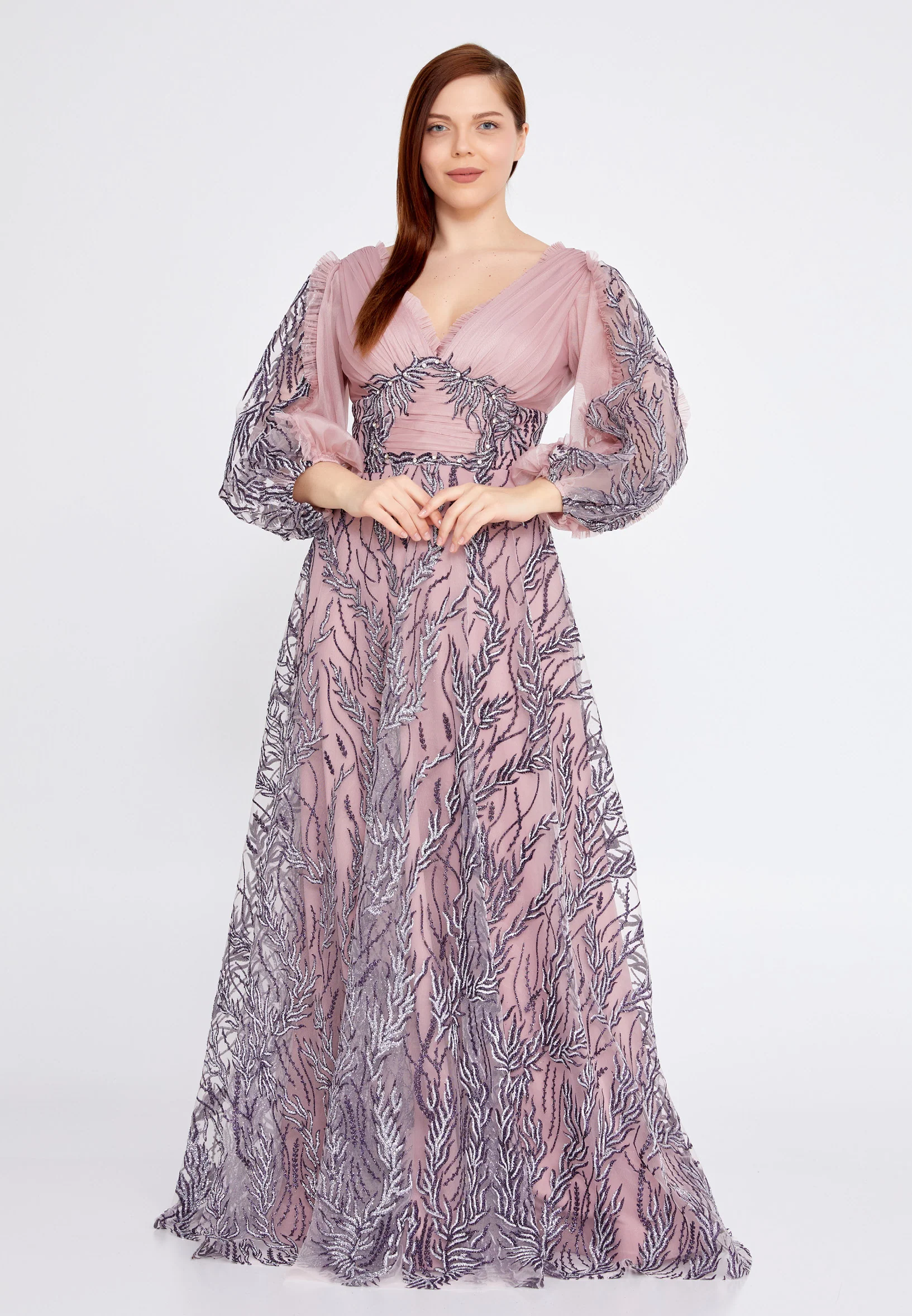 Long Sleeve Maxi Tulle Column Plus Size Wedding Guest Dress rmn3149-b - Image 21