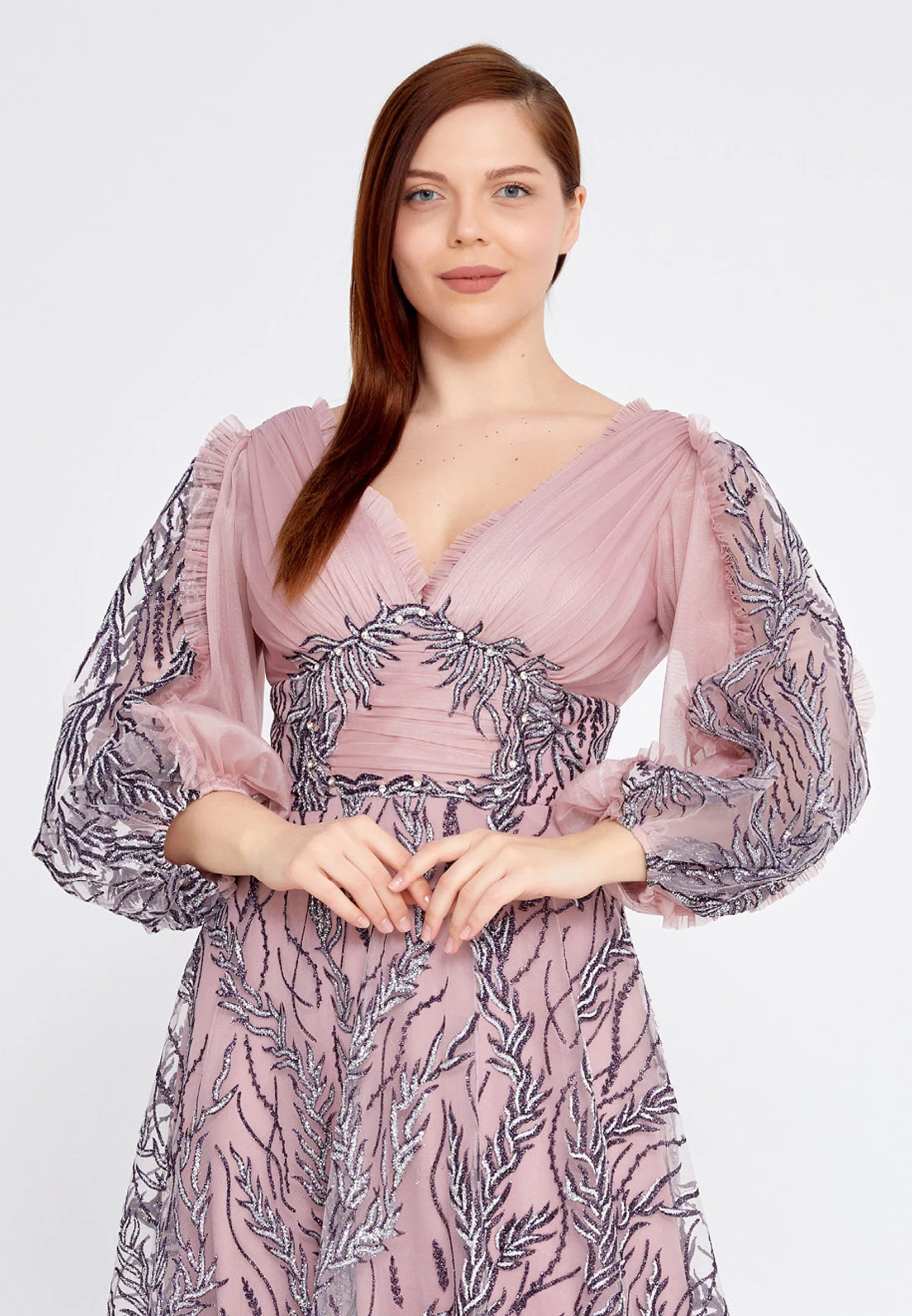 Long Sleeve Maxi Tulle Column Plus Size Wedding Guest Dress rmn3149-b - Image 24