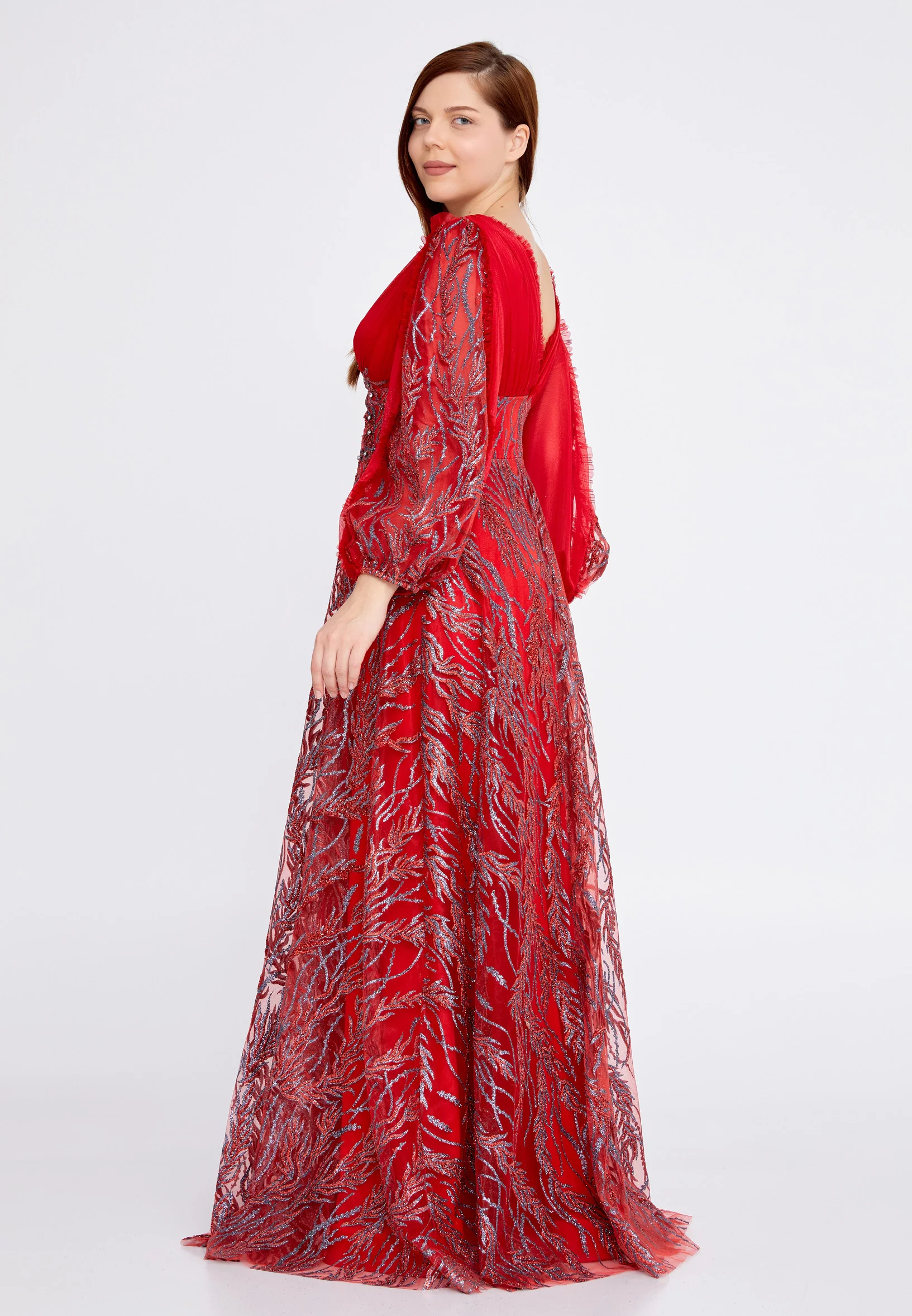 Long Sleeve Maxi Tulle Column Plus Size Wedding Guest Dress rmn3149-b - Image 27