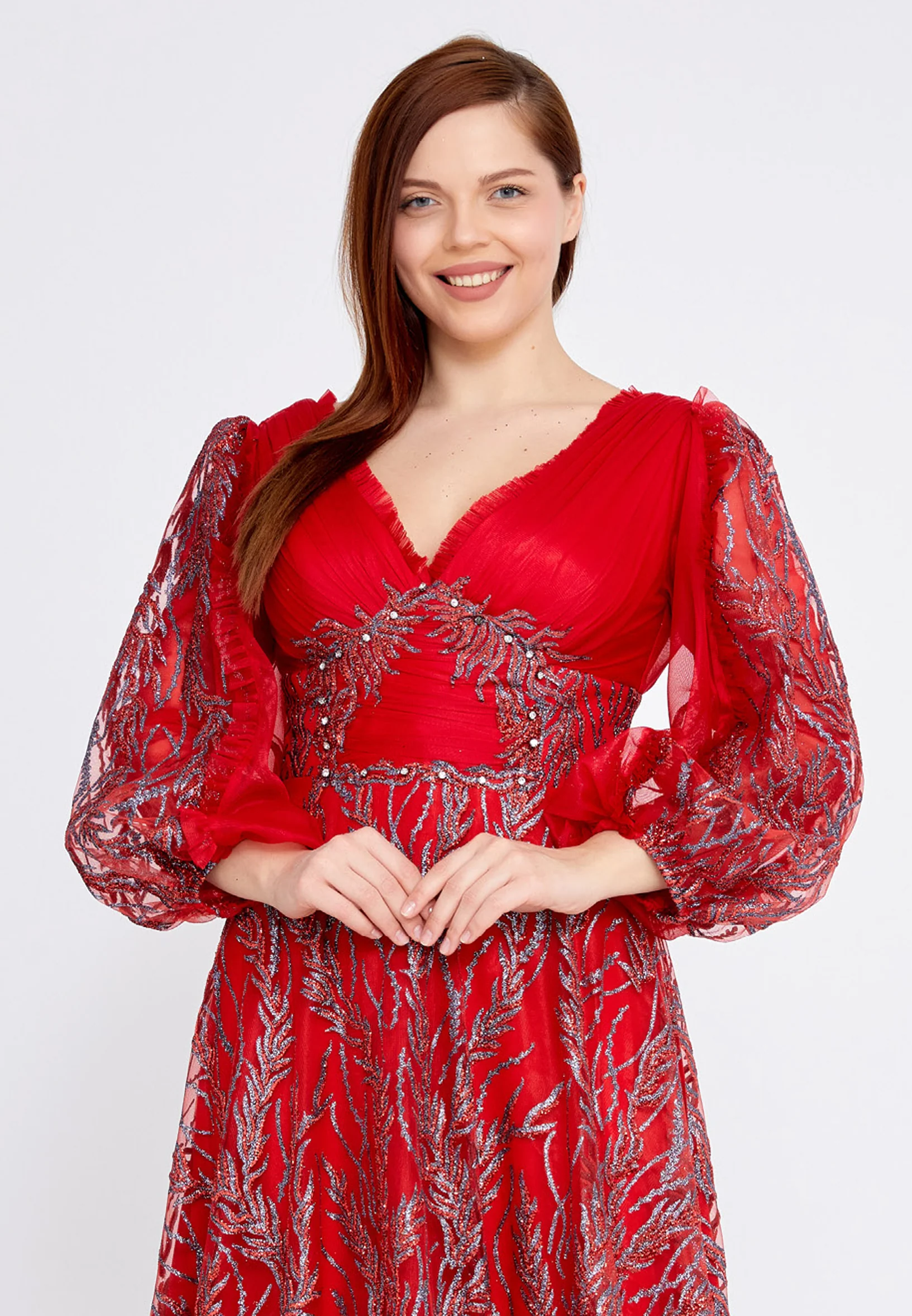 Long Sleeve Maxi Tulle Column Plus Size Wedding Guest Dress rmn3149-b - Image 28