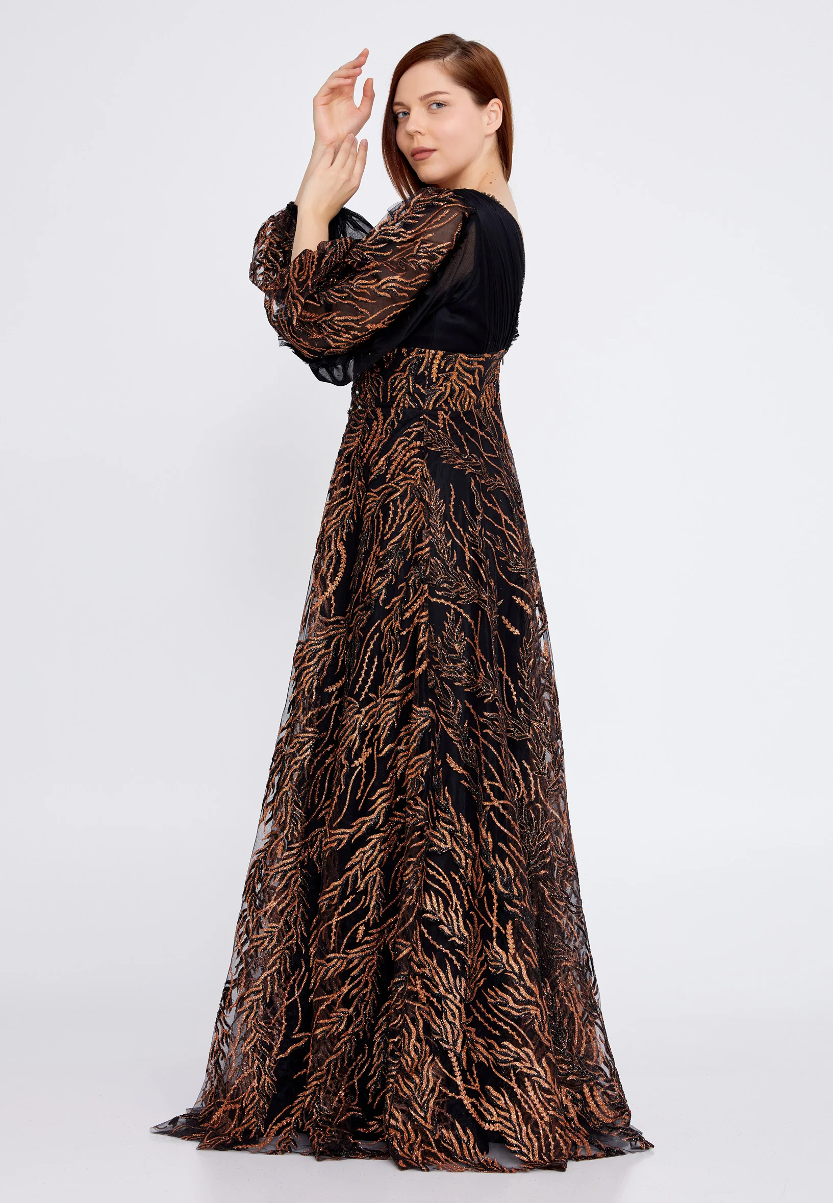 Long Sleeve Maxi Tulle Column Plus Size Wedding Guest Dress rmn3149-b - Image 3