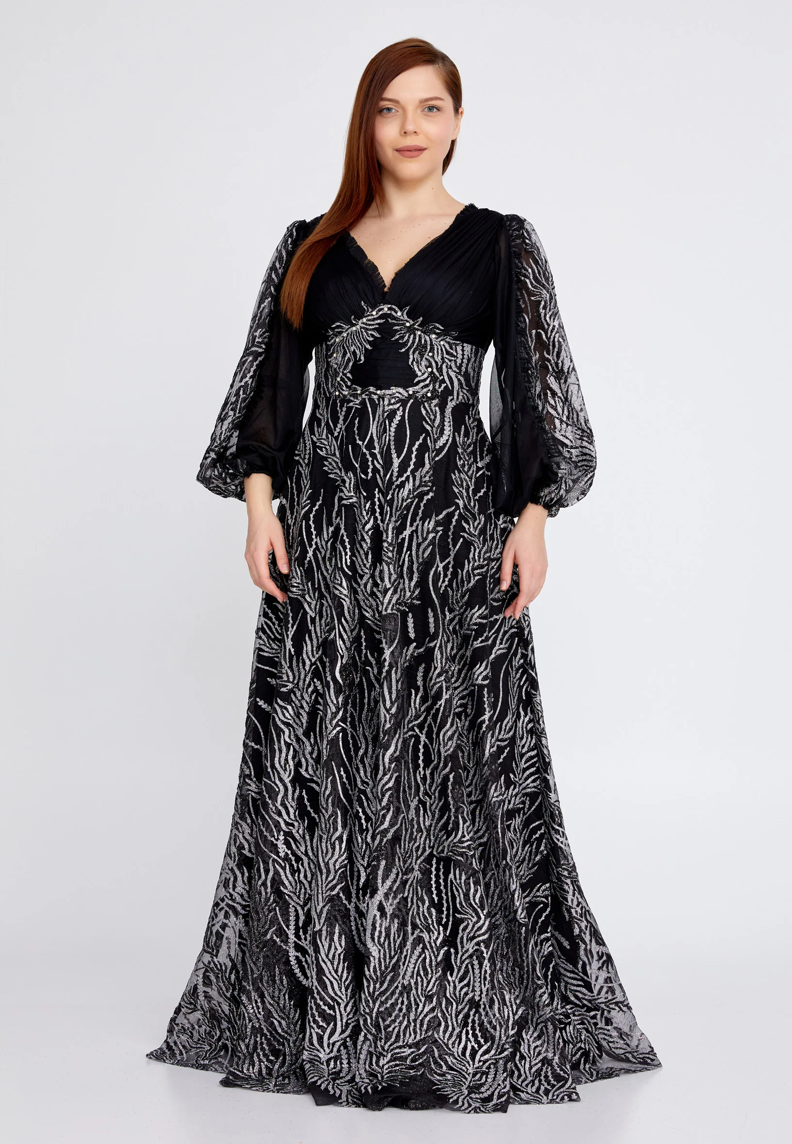 Long Sleeve Maxi Tulle Column Plus Size Wedding Guest Dress rmn3149-b - Image 5