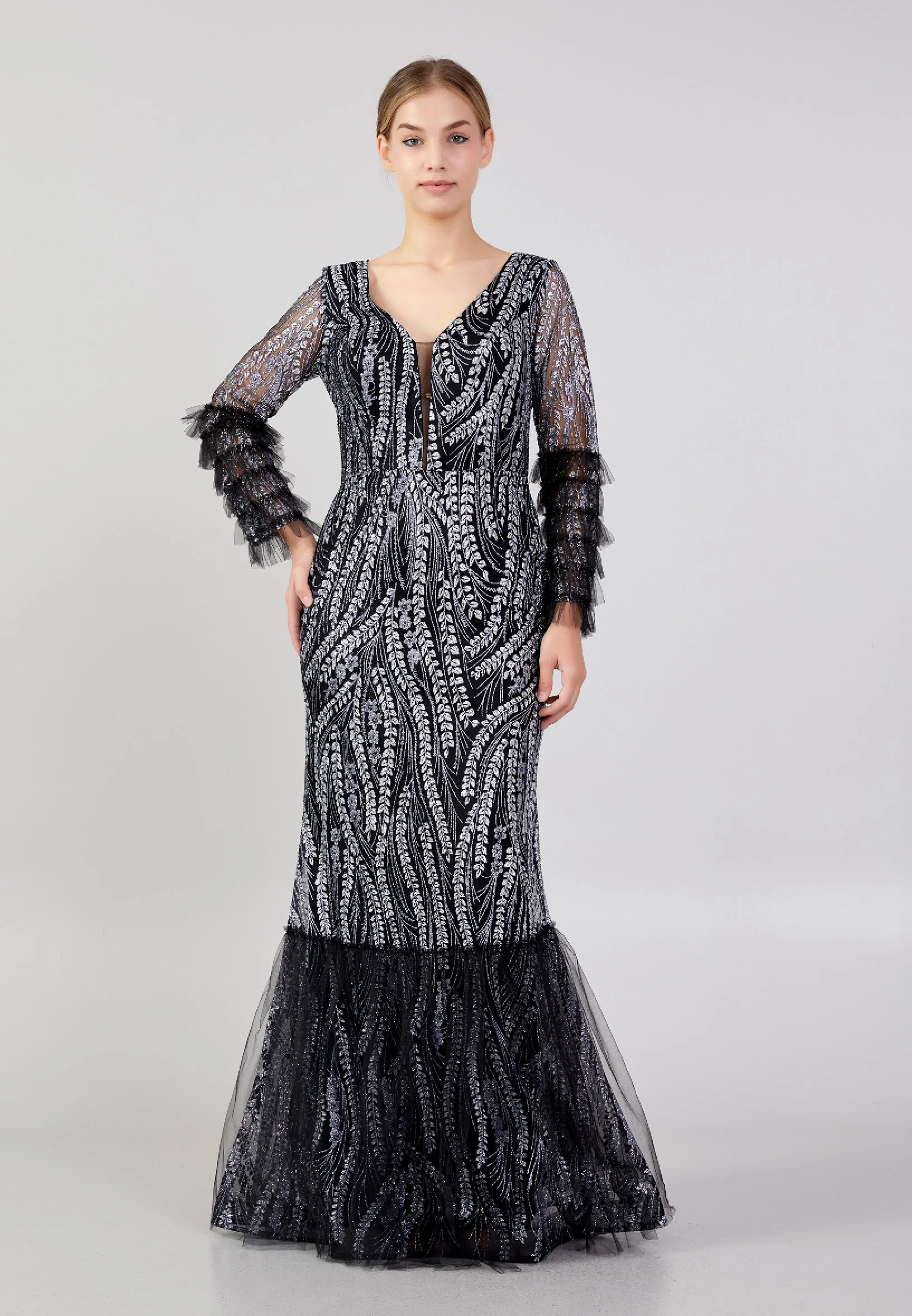 Long Sleeve Maxi Tulle Column Plus Size Wedding Guest Dress rmn3213-b