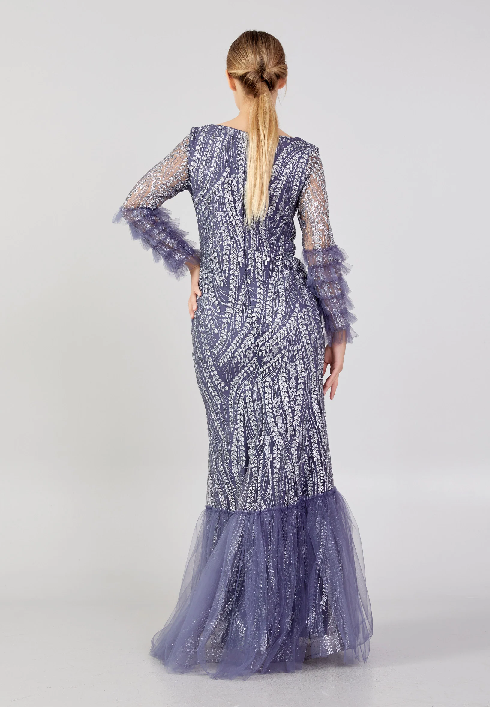 Long Sleeve Maxi Tulle Column Plus Size Wedding Guest Dress rmn3213-b - Image 10