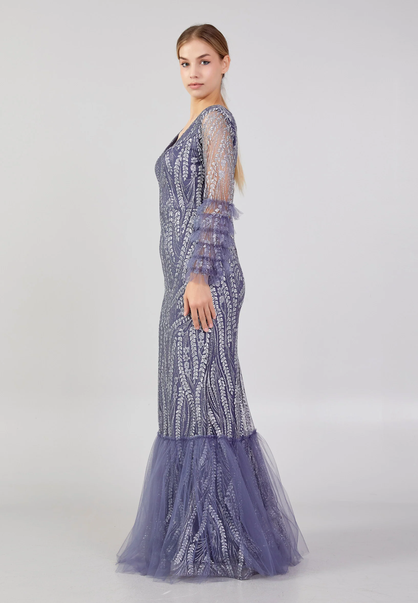 Long Sleeve Maxi Tulle Column Plus Size Wedding Guest Dress rmn3213-b - Image 11