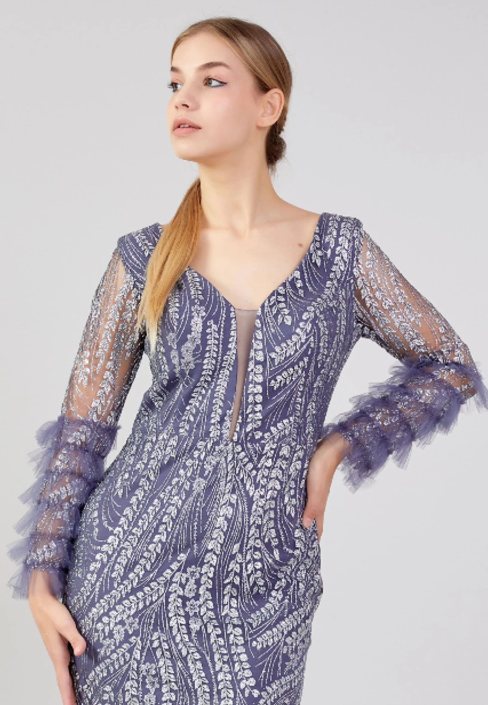 Long Sleeve Maxi Tulle Column Plus Size Wedding Guest Dress rmn3213-b - Image 12