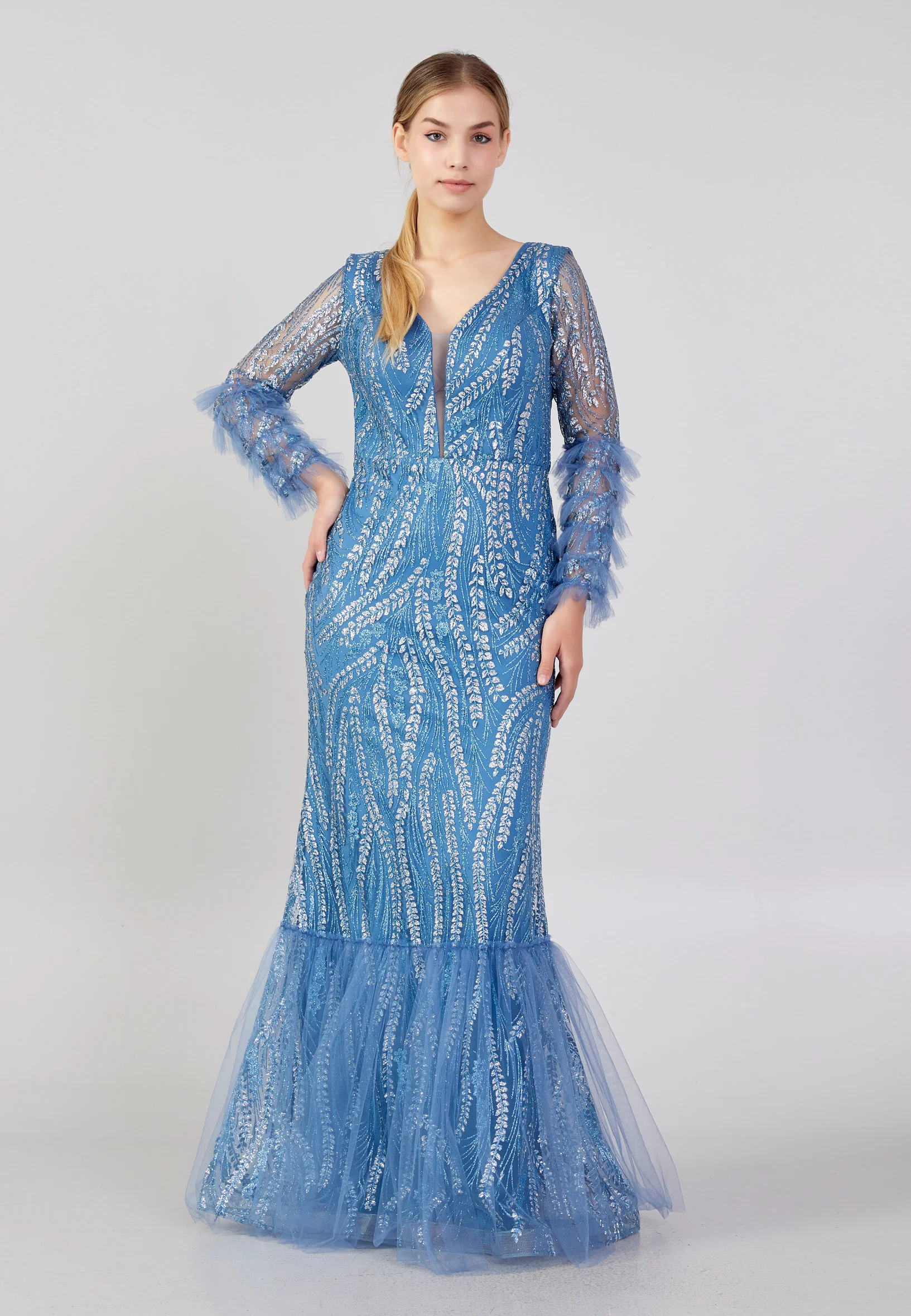 Long Sleeve Maxi Tulle Column Plus Size Wedding Guest Dress rmn3213-b - Image 13