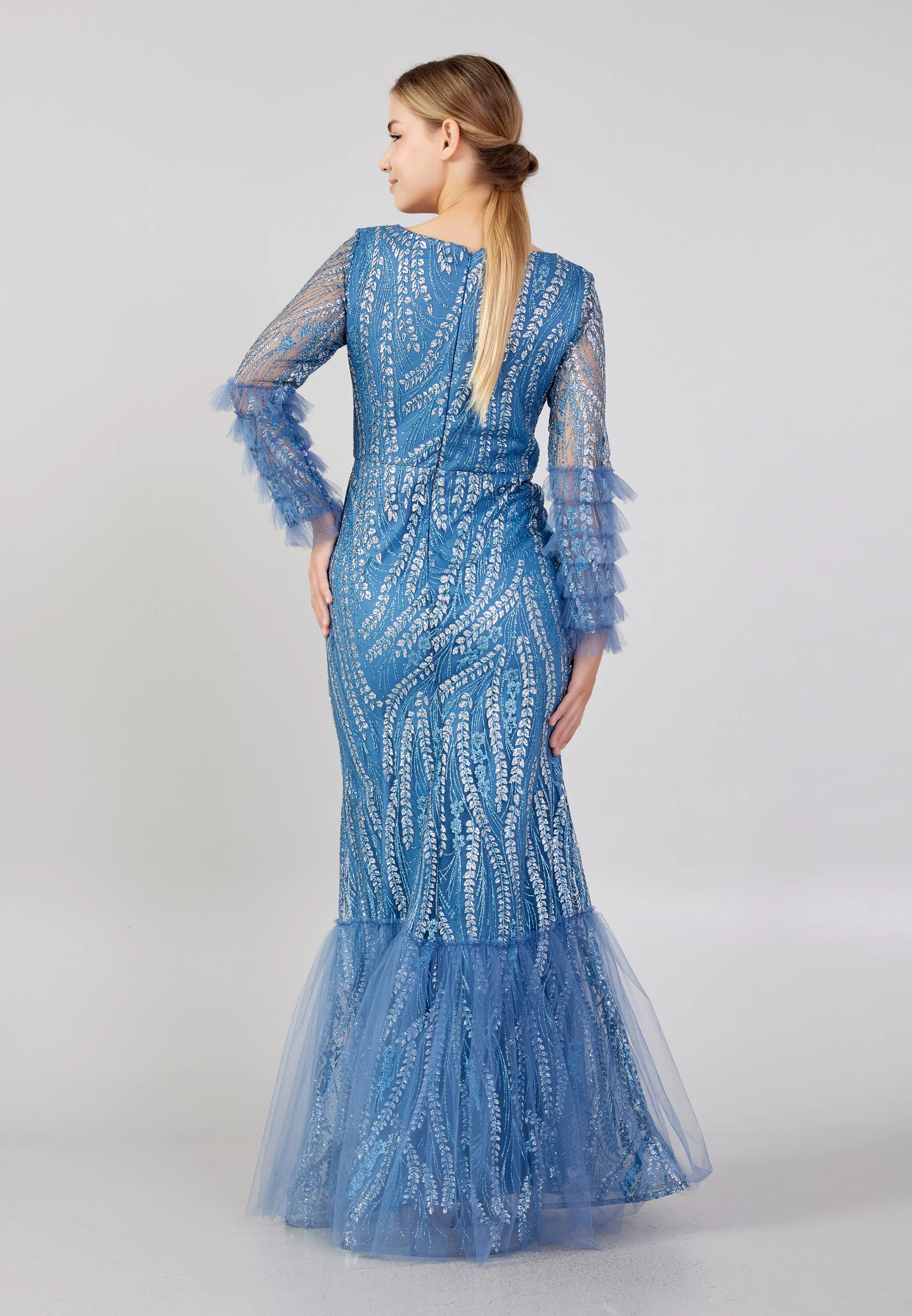 Long Sleeve Maxi Tulle Column Plus Size Wedding Guest Dress rmn3213-b - Image 14