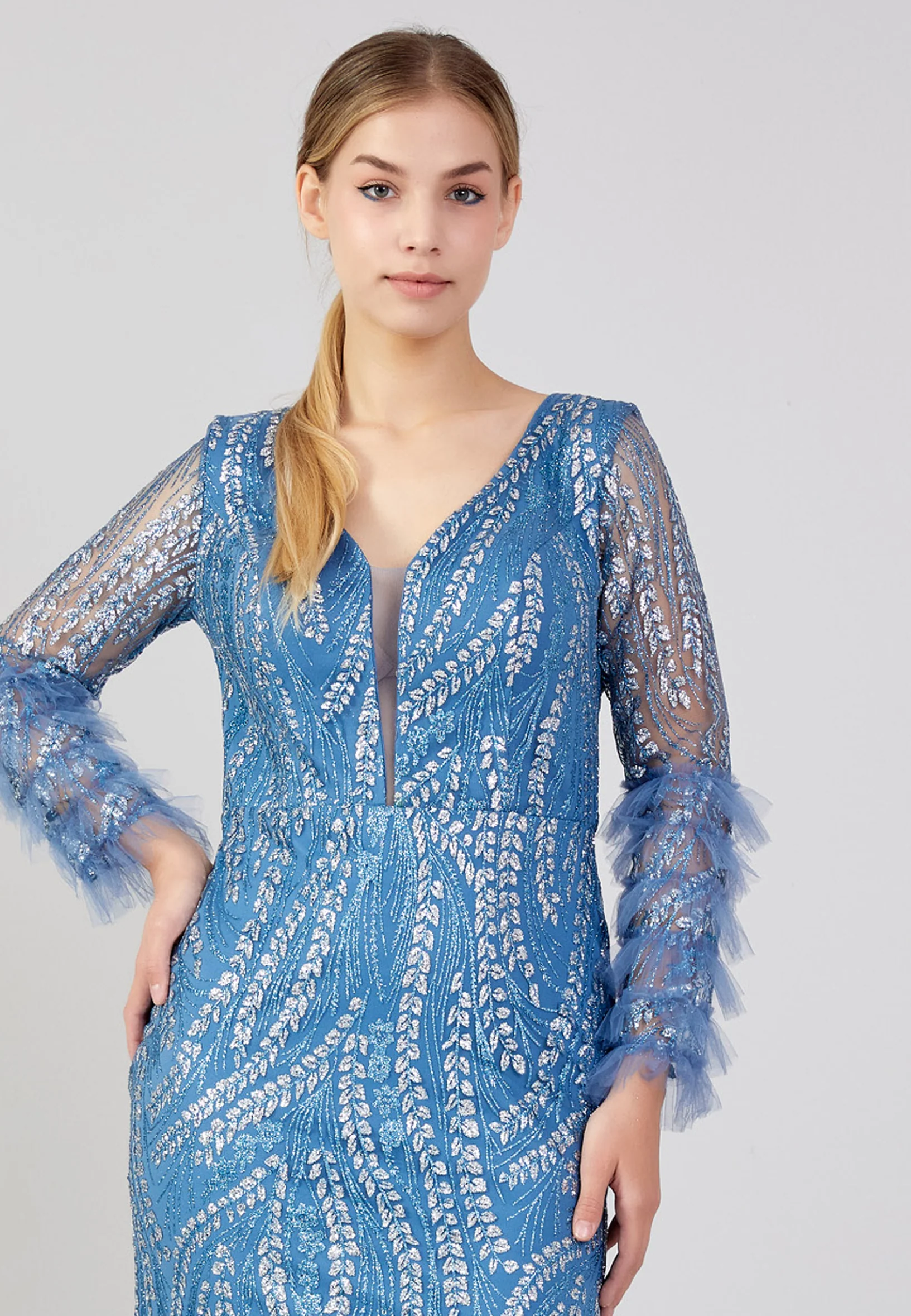 Long Sleeve Maxi Tulle Column Plus Size Wedding Guest Dress rmn3213-b - Image 16