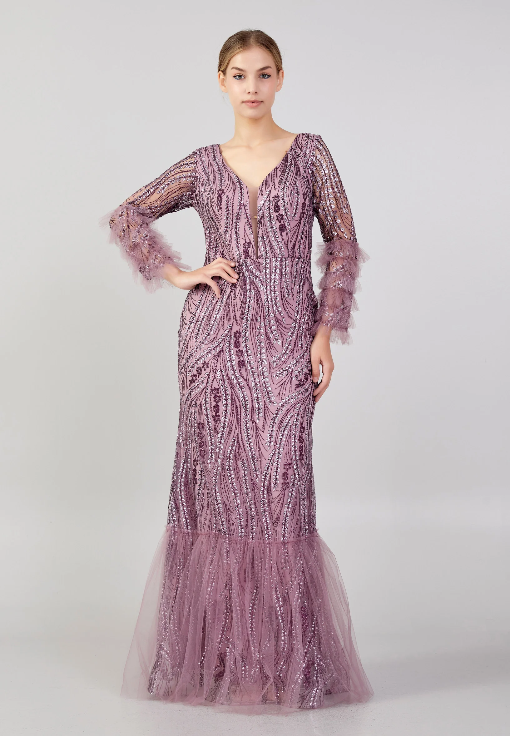 Long Sleeve Maxi Tulle Column Plus Size Wedding Guest Dress rmn3213-b - Image 17