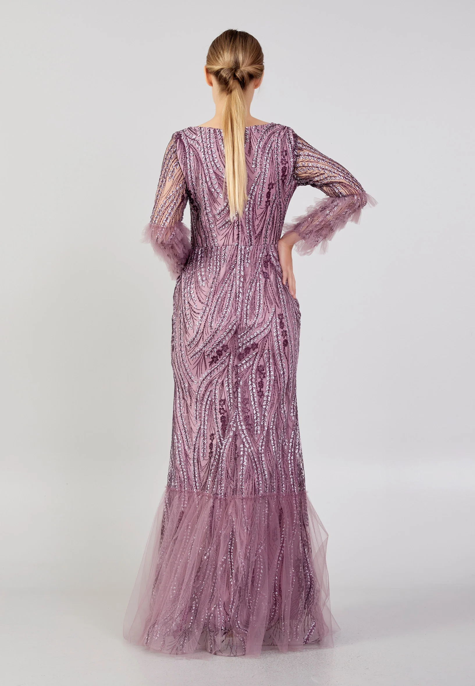 Long Sleeve Maxi Tulle Column Plus Size Wedding Guest Dress rmn3213-b - Image 18