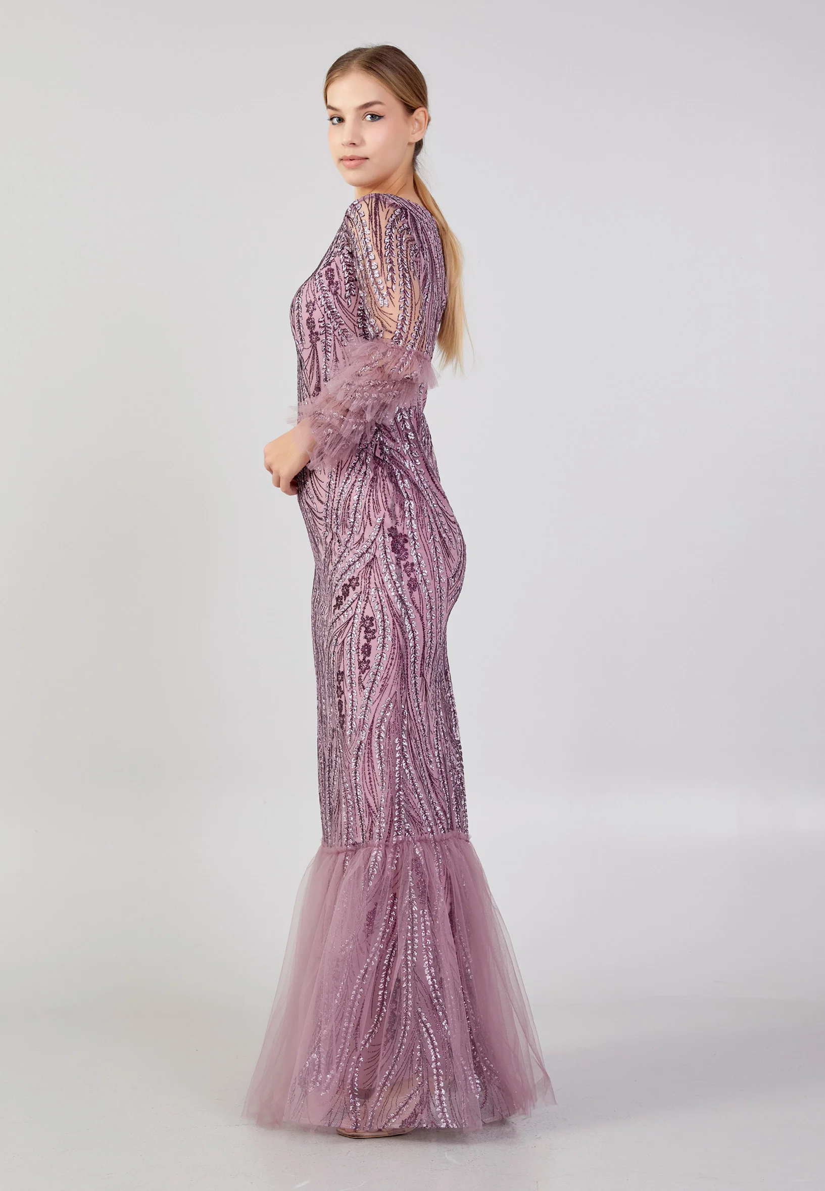 Long Sleeve Maxi Tulle Column Plus Size Wedding Guest Dress rmn3213-b - Image 19