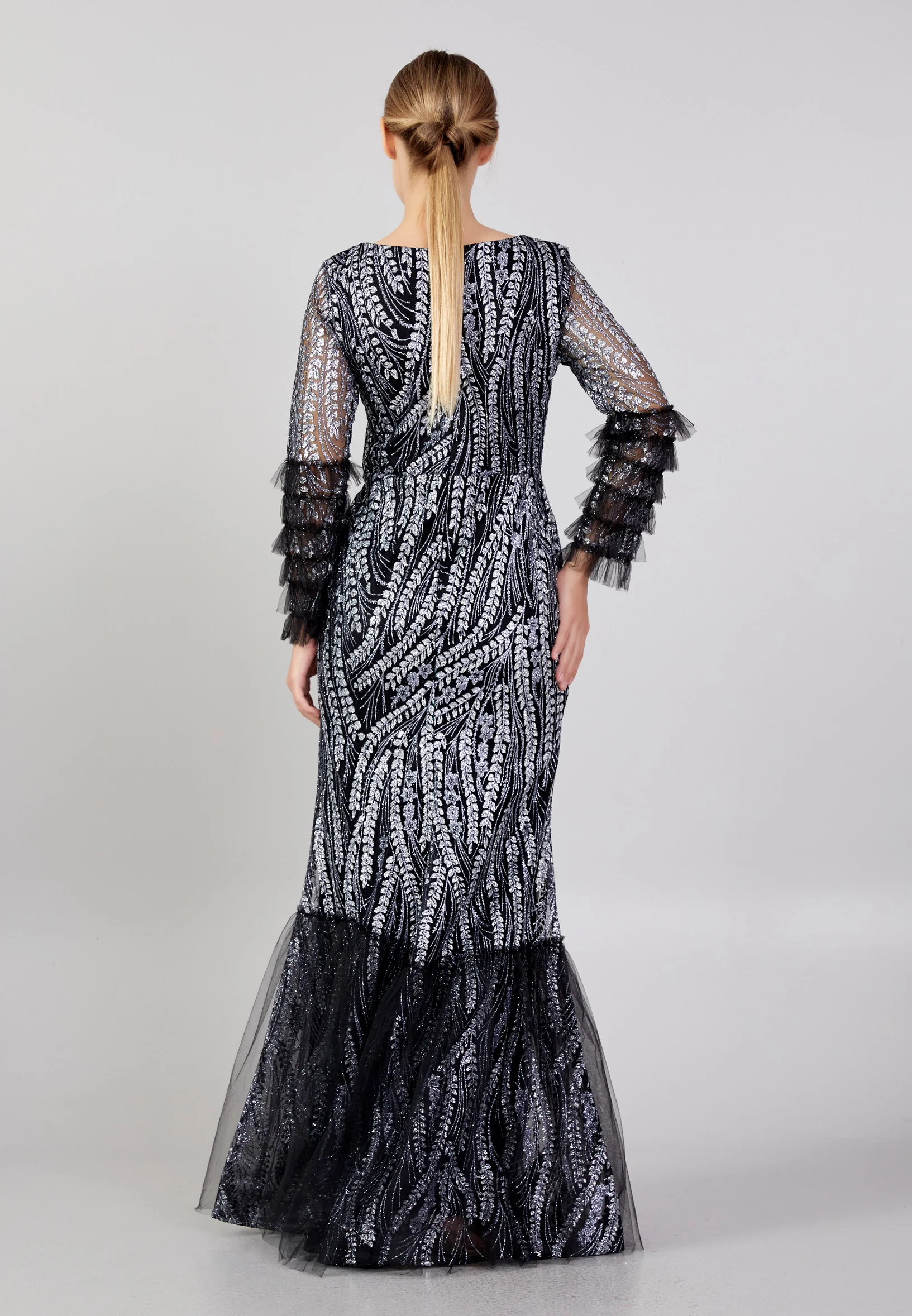 Long Sleeve Maxi Tulle Column Plus Size Wedding Guest Dress rmn3213-b - Image 2
