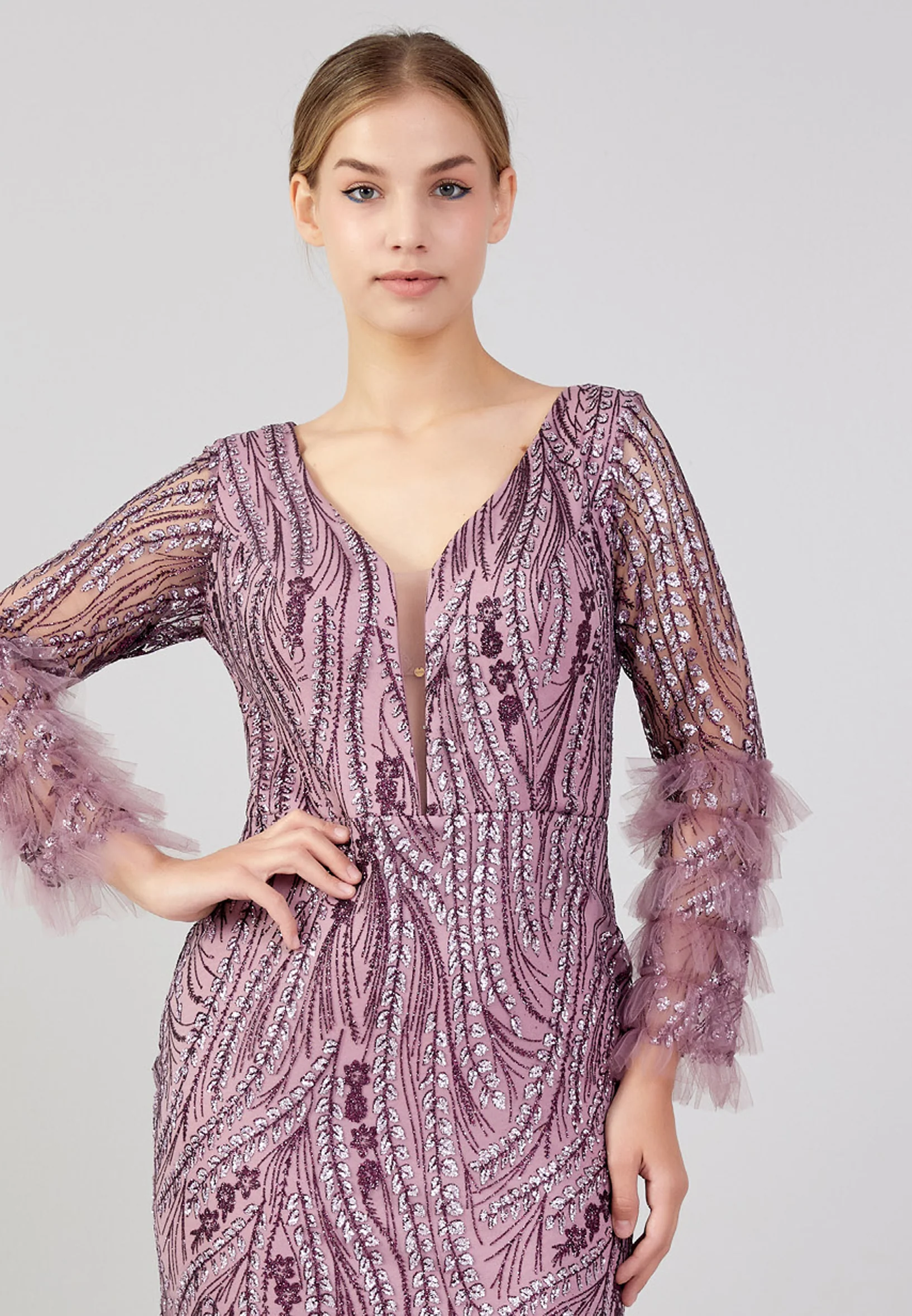 Long Sleeve Maxi Tulle Column Plus Size Wedding Guest Dress rmn3213-b - Image 20