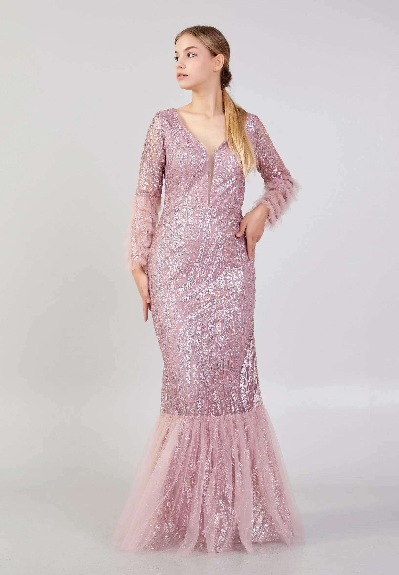 Long Sleeve Maxi Tulle Column Plus Size Wedding Guest Dress rmn3213-b - Image 21