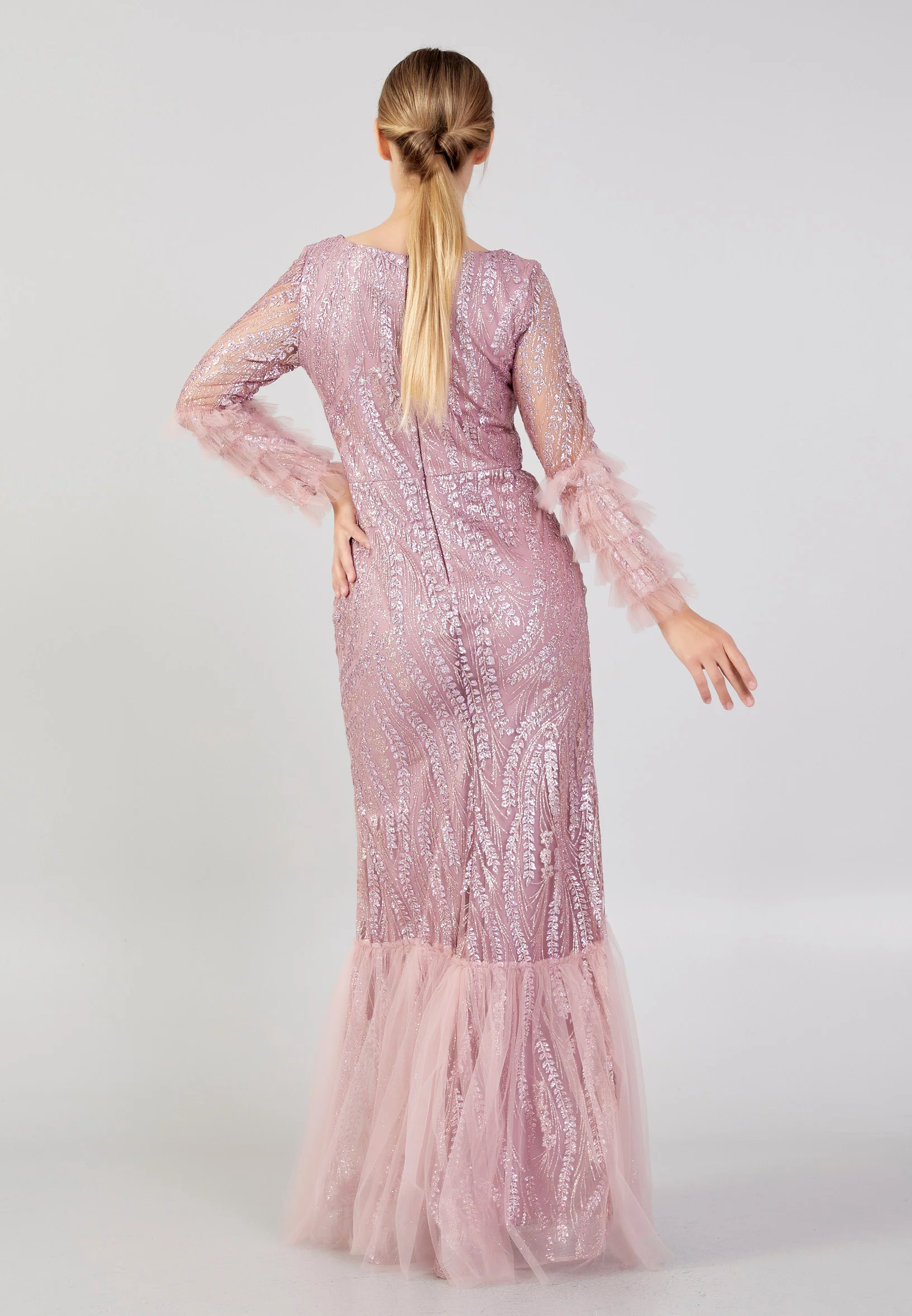 Long Sleeve Maxi Tulle Column Plus Size Wedding Guest Dress rmn3213-b - Image 22
